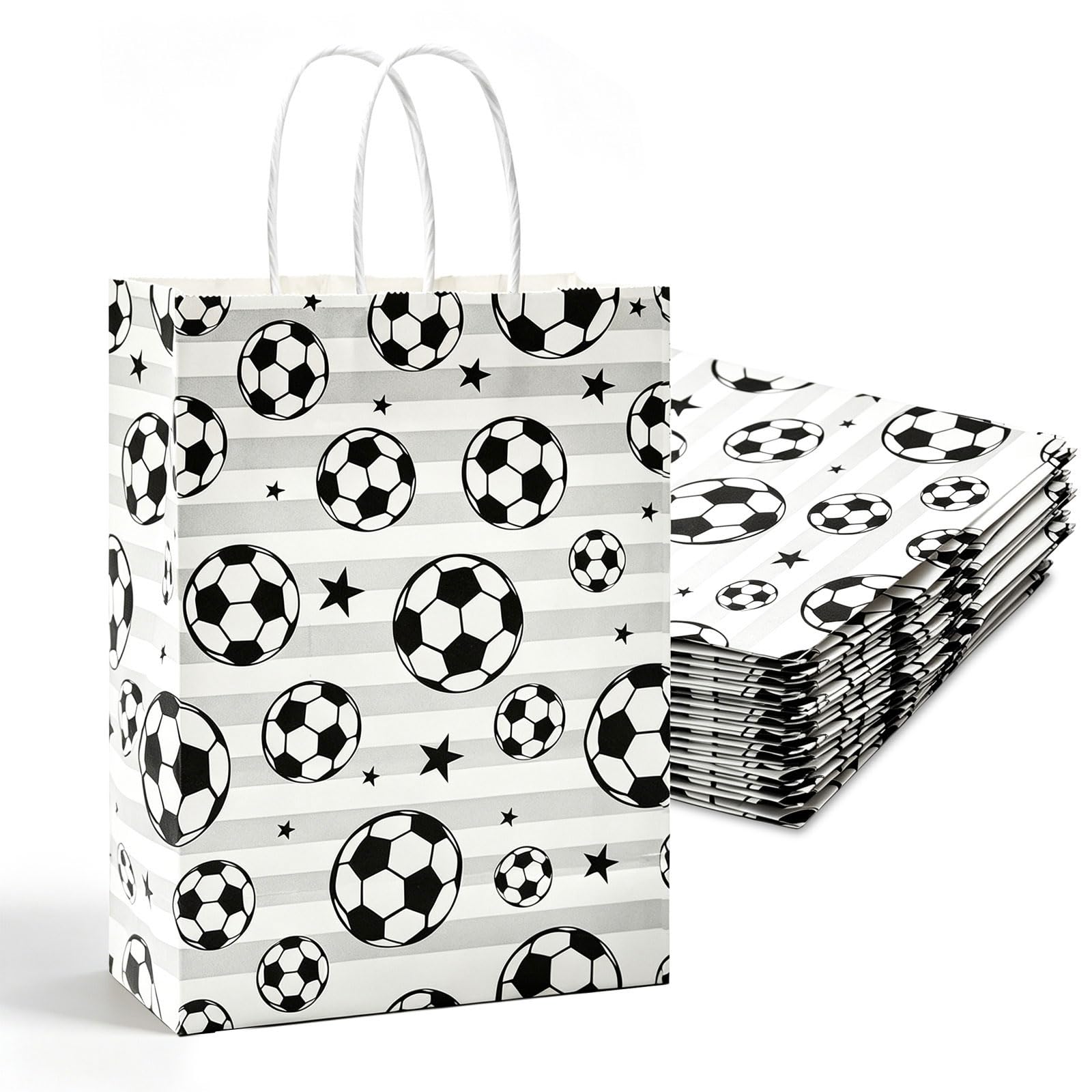 20 Pcs White Football Gift Bags 16x22x8cm–Small Party Bags With Handles| Durable Kraft Paper Goodie Bags for Birthdays, Weddings, Baby Showers (White Football)