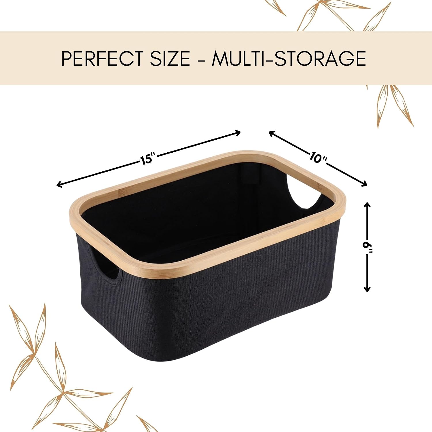 Foldable Storage Basket with Bamboo Frame and Oxford Fabric, Multi-Storage Organizer for Home and Office, Ideal for Bathroom Essentials, Set of 1 (Black, Rectangular One-Compartment 15x10x6 inches)