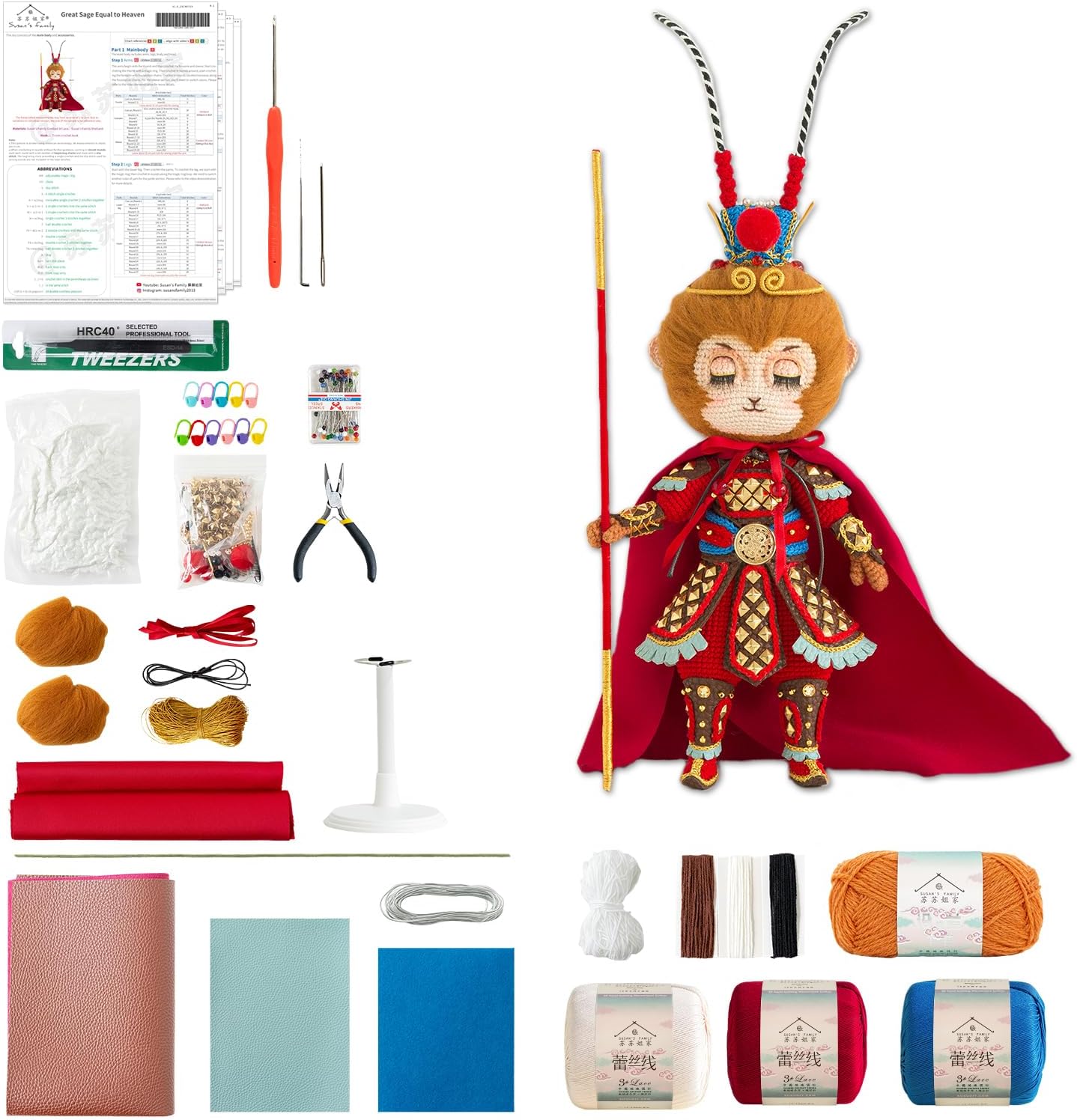 Susan's Family Crochet Kit for Beginners, Sun Wukong Doll Crochet Kit, Starter Easy Learn w Pattern & Video Tutorials,Crochet Doll，Great Sage Equal to Heaven