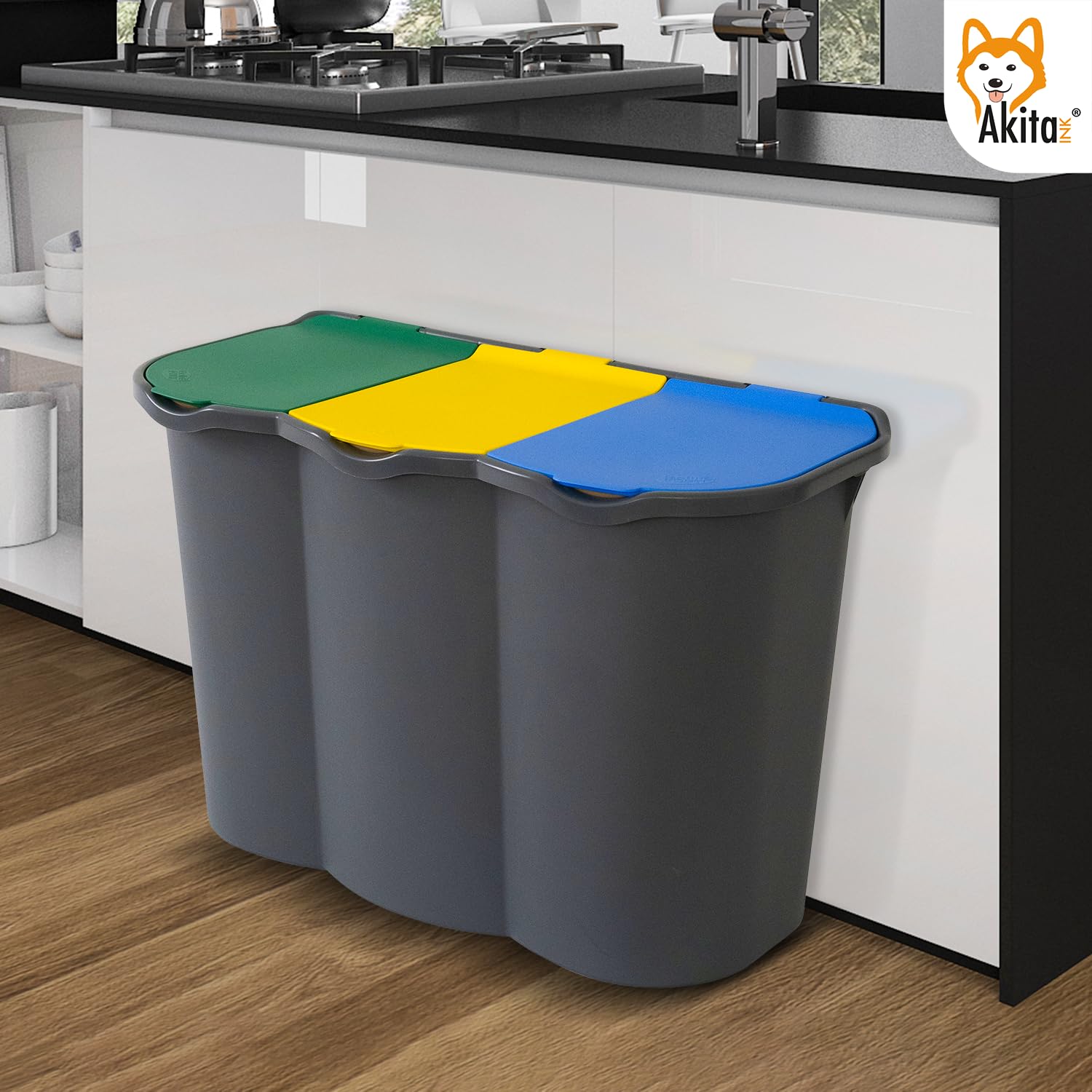 AKITAInk - Pattumiera per Raccolta Differenziata a 3 Scomparti, 80L AkitaOne - Bidone con Coperchi Colorati e Chiusura Ermetica per una Raccolta Intelligente e Igienica - Prodotto in Italia