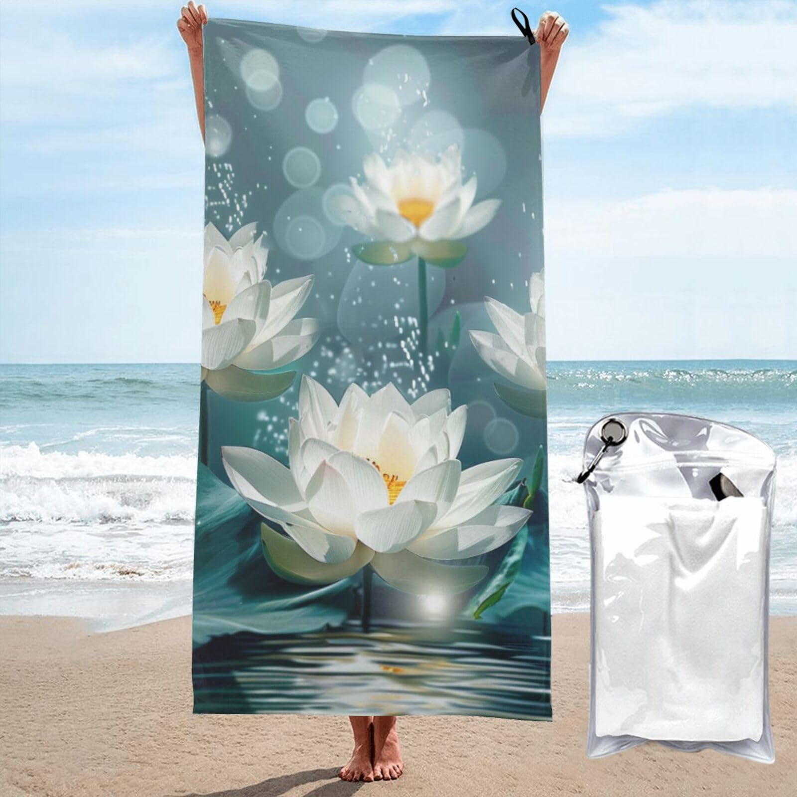 BWWHCCTI White Lotus Flowers Printed Microfiber Quick Dry Beach Towel 80x160 CM, Fast Drying Bath Towels with Bags for Travel,Camping,Gym,Beach,Swimming,Yoga