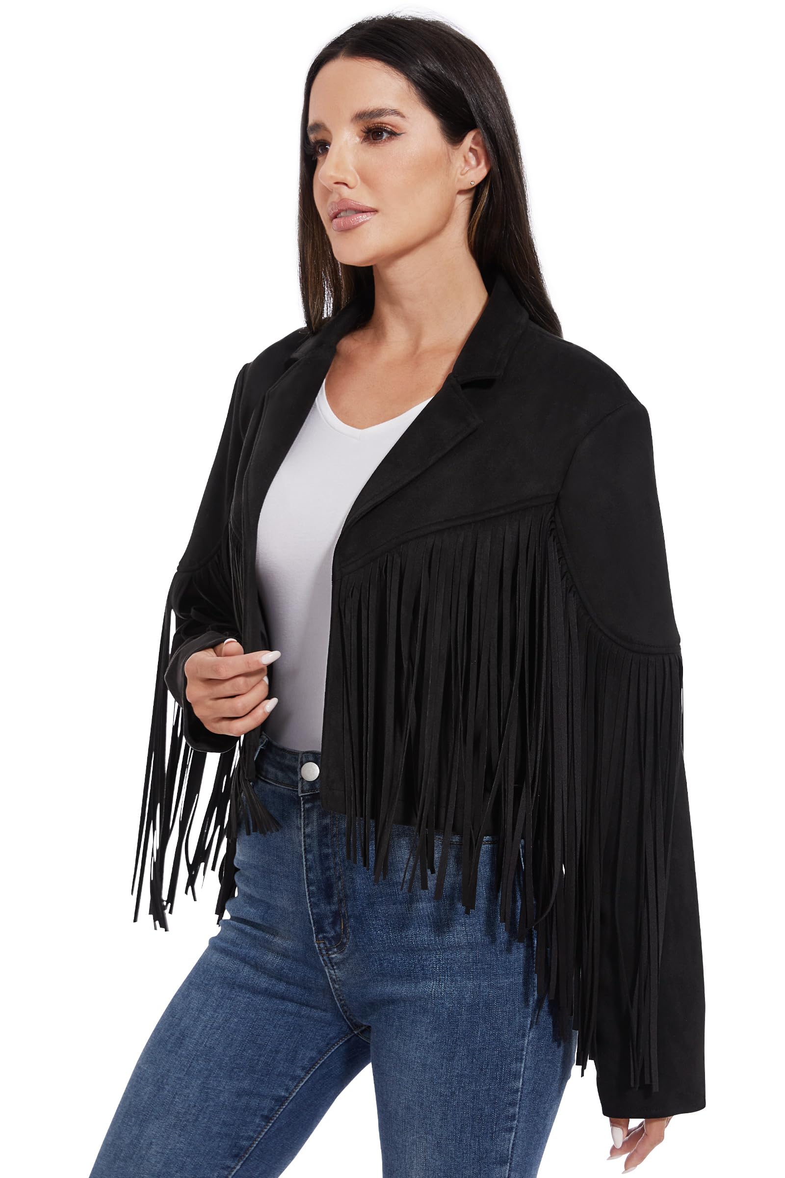 Fahsyee Giacche da donna in pelle con frange - Camoscio Faux Motocycle Biker Cappotto corto Vegan Blazer Pleather Moda nappa S-XXL