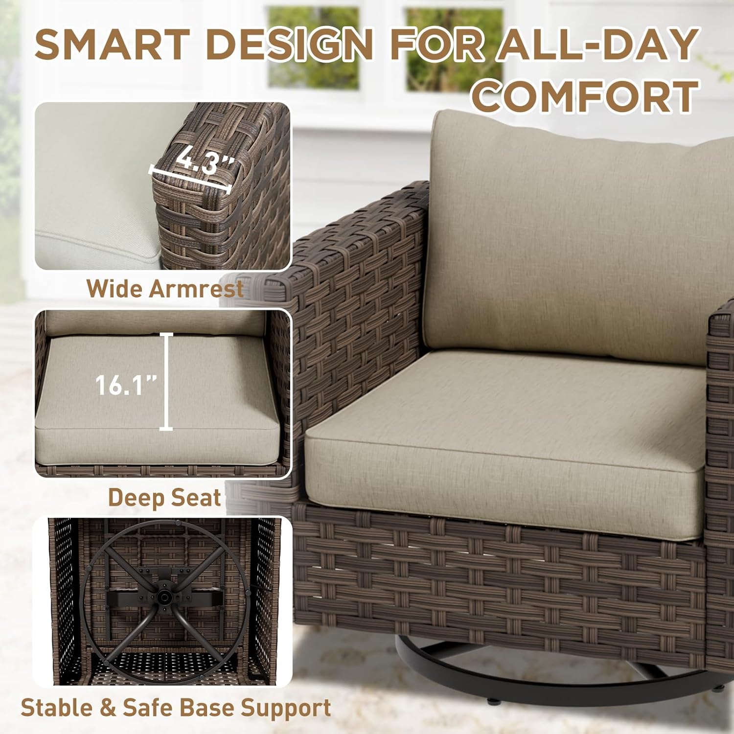 COOS BAY Lanai Chic Outdoor Swivel Rocking Chair, Patio Rocking Chair Set of 1, Deep Seat Patio Chair, Brown/Beige