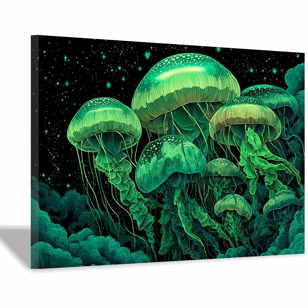 HUYEEI marine animals Canvas Wall Art Jellyfishs in groups Canvas Prints Posters Modern Artwork for Livings Room Bedroom Bathroom Home Office(green)-60x90cm Framed