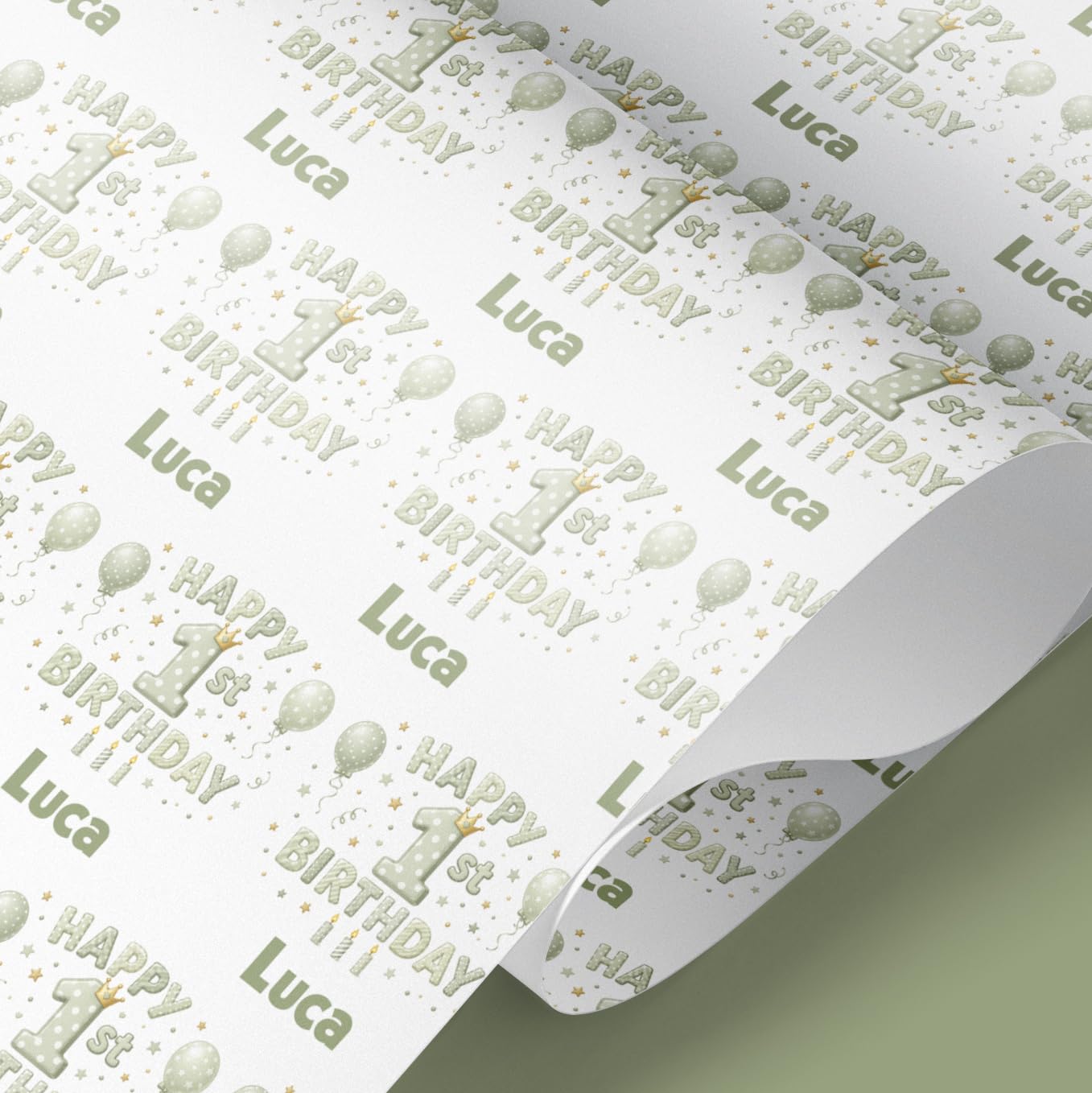 Personalised Sage Green 1st Birthday Wrapping Paper | Any Name | (4mt)