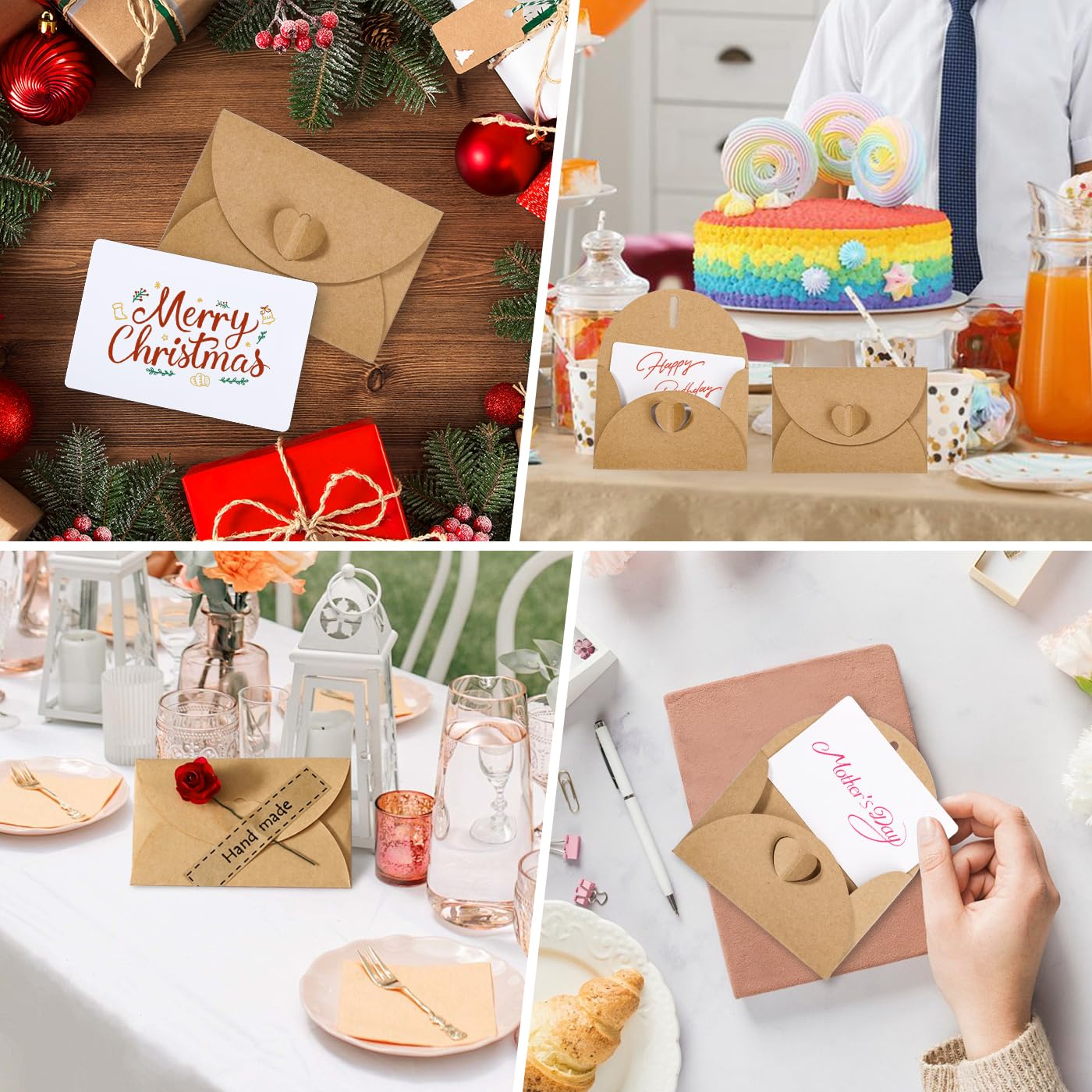 Enveloppes en papier kraft vintage avec fermeture cœur - Lot de 50 avec cartes vierges pour mariage, remerciement