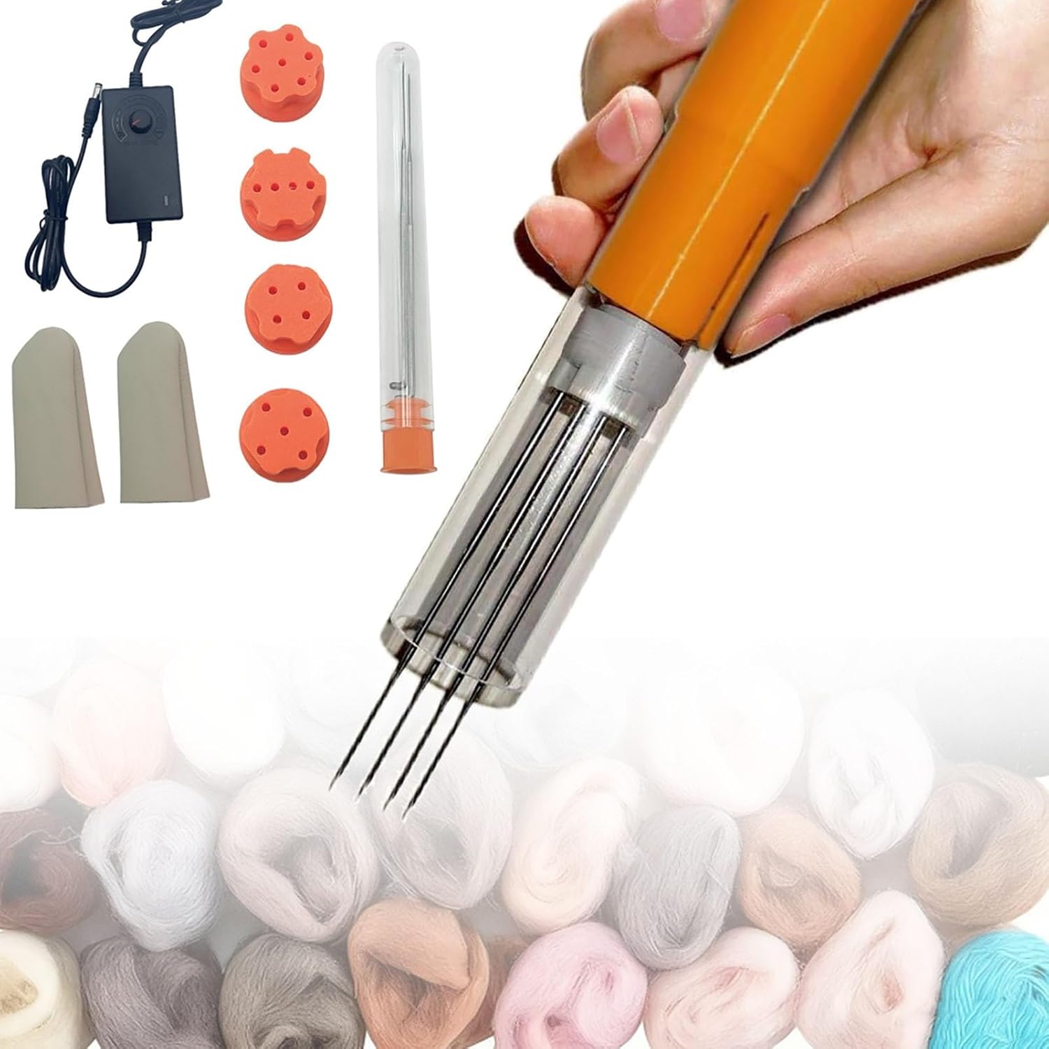 Electric Needle Felting Machine, Portable Wool Felt Poking Tool with 2 Replaceable Nozzles & 14 Needles, Adjustable Stroke 0-3 Cm, Adjustable Speed (Orange)