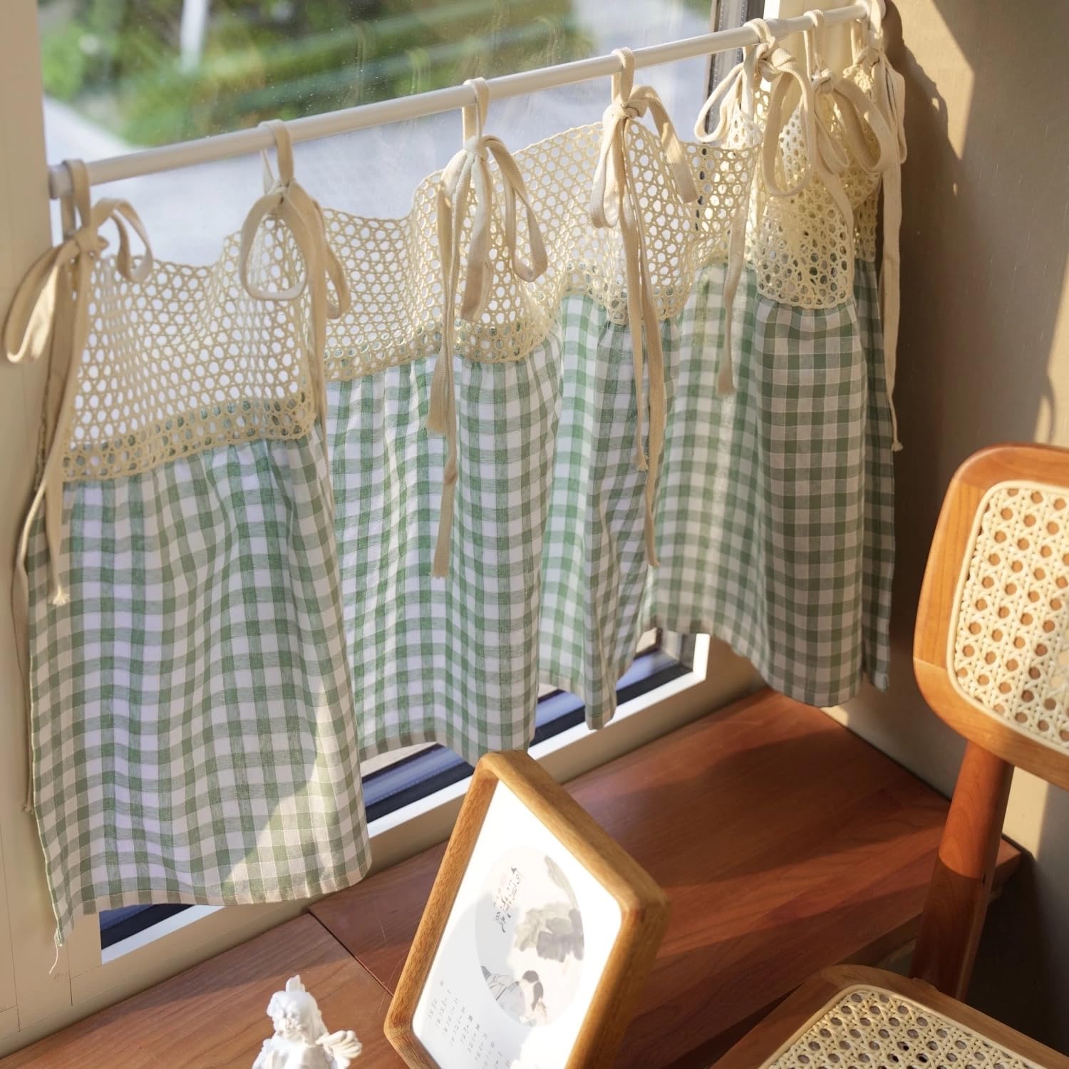 Gardinen Kariert Kurz Scheibengardinen mit Häkelspitze Bistrogardine Landhausstil Privatsphäre Fenstergardine Küchengardine Vintage Cáfe Gardine (BxH 150x100cm) Blau 1 stück