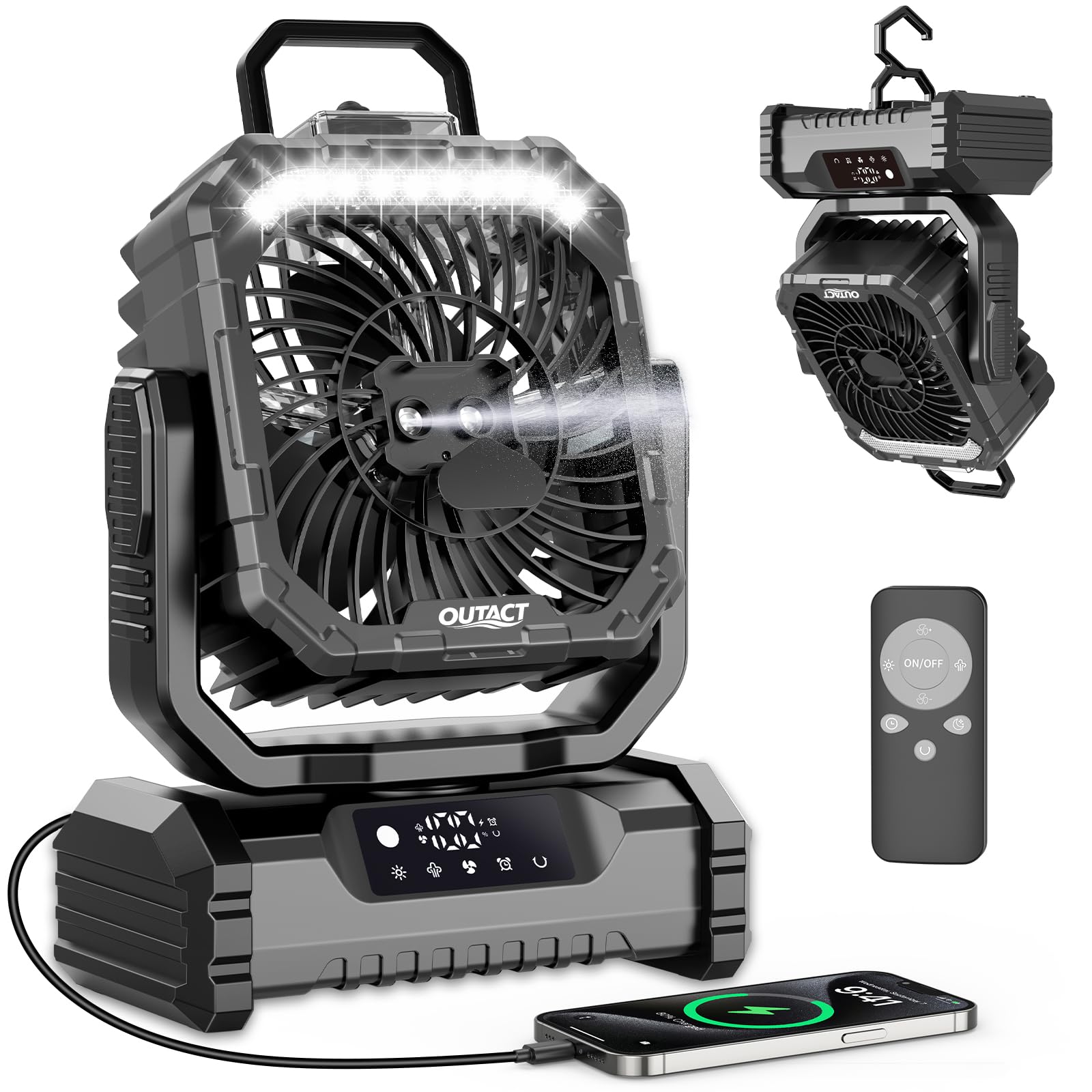 Ventilatore da Campeggio Portatile 20000mAh con Nebulizzatore e Luce LED – Ricaricabile, con Gancio e Telecomando, Ideale per Esterno, Tenda e Spiaggia - Nero | Ricaricabile,con Luce LED,con Gancio e Telecomando, Ideale per Esterno, Tenda e Spiaggia