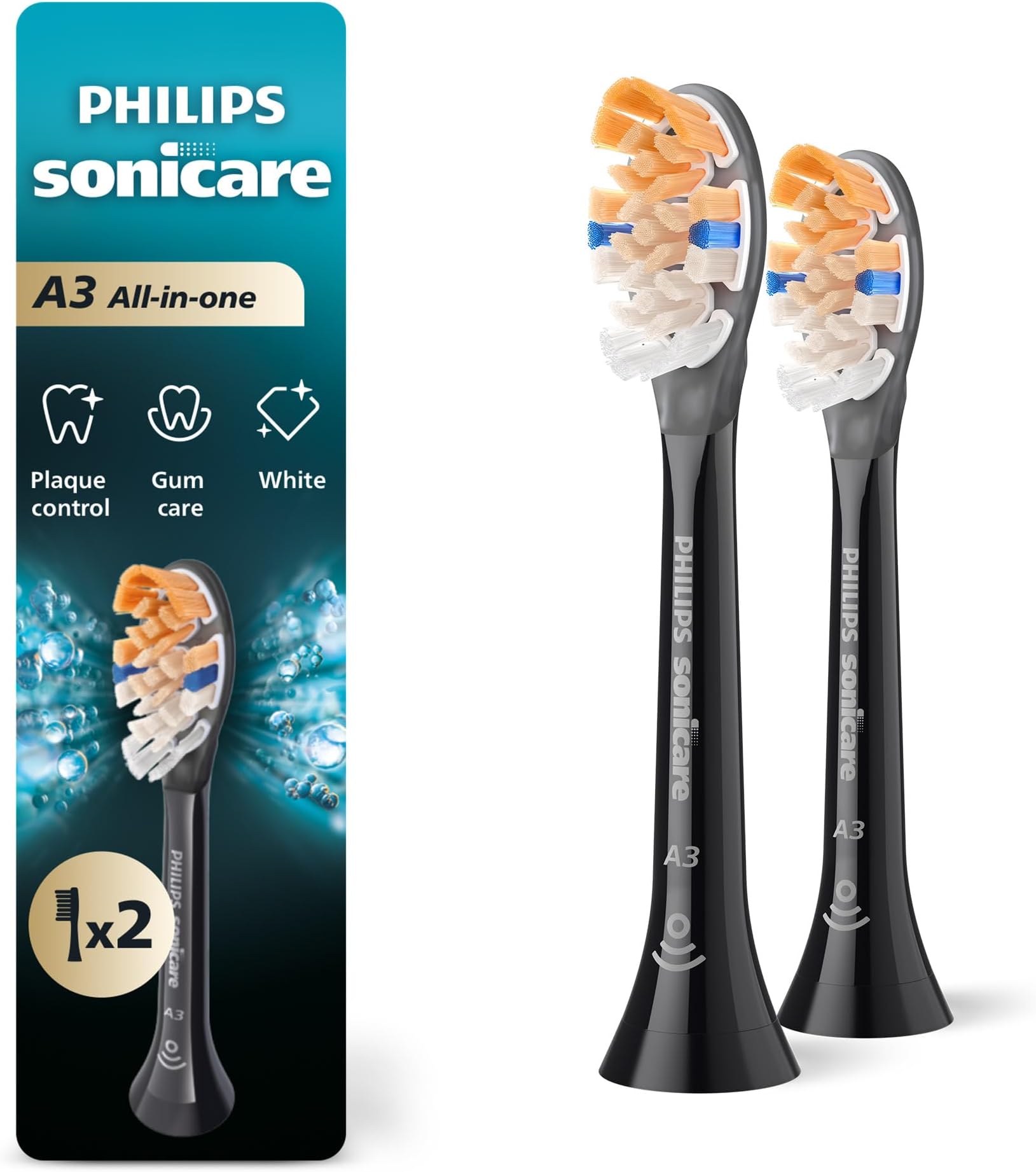 A3 All-in-One - Genuine Replacement Electric Toothbrush Heads, Black, 2 Pack, HX9092/95