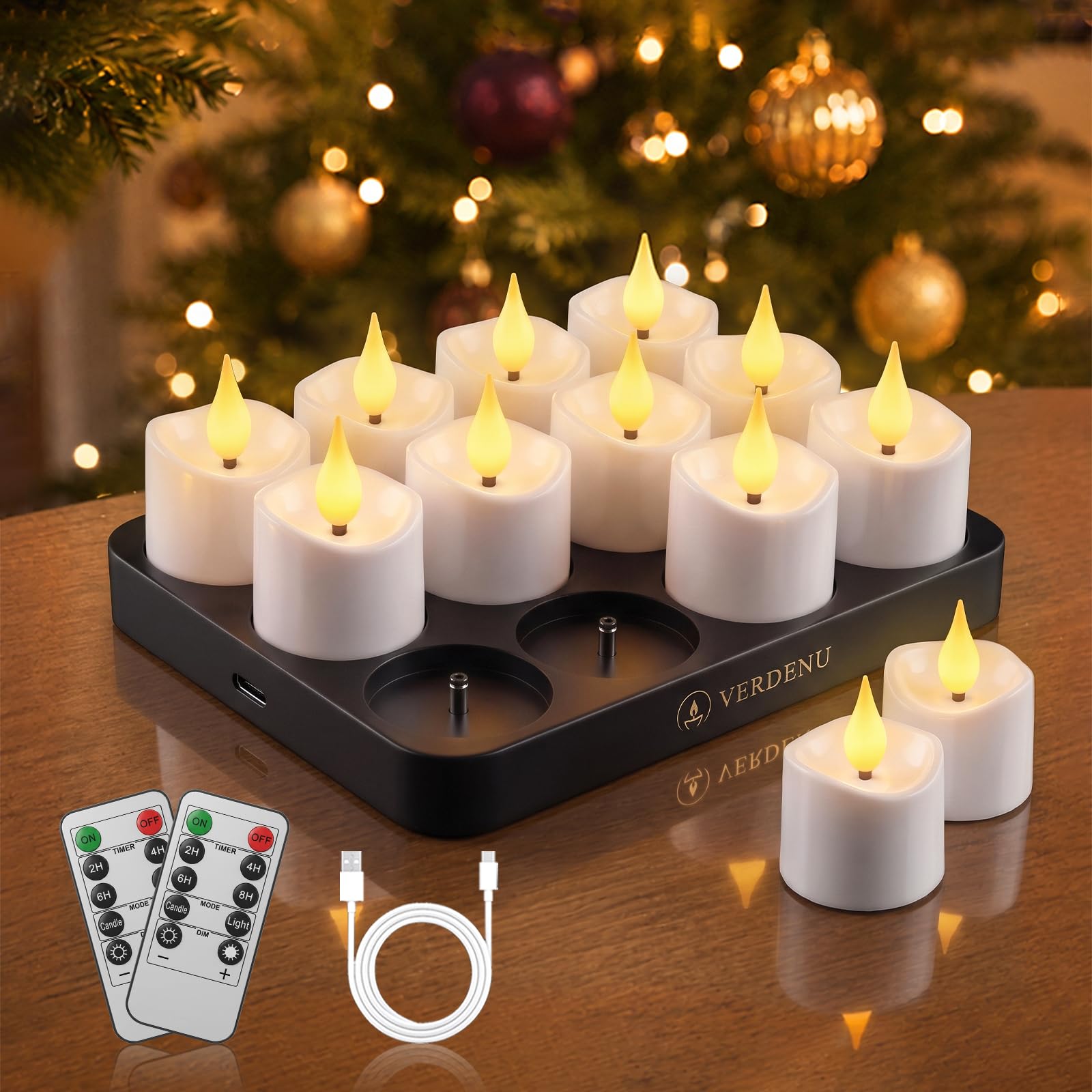 Verdenu 12er LED-Teelichter Wiederaufladbar mit Fernbedienung & Ladestation | 2 Fernbedienungen, Ladestation für alle 12, 4 Timer-Einstellungen, Dimmbar, 60+ Std. Laufzeit für Weihnachten & Hochzeit