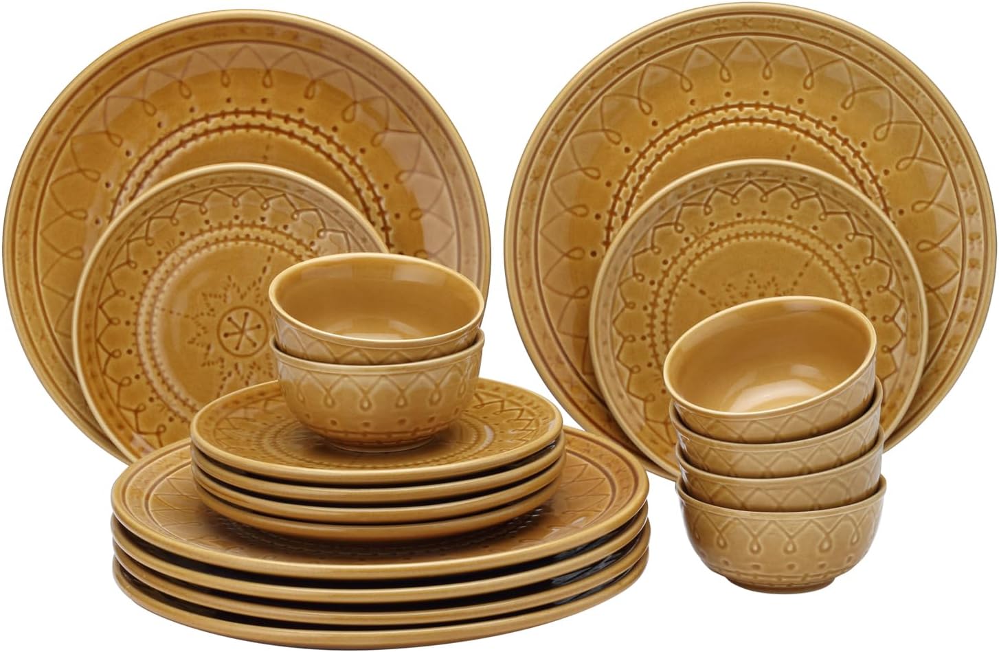 Handcrafted Emboss Stoneware Ceramic Dinner Set, 18 Pieces Dish Set Serving for 6, Microwave and Dishwasher Safe, Bone-ash Free, Crockery Set for Dining and Gifting, Golden Brown