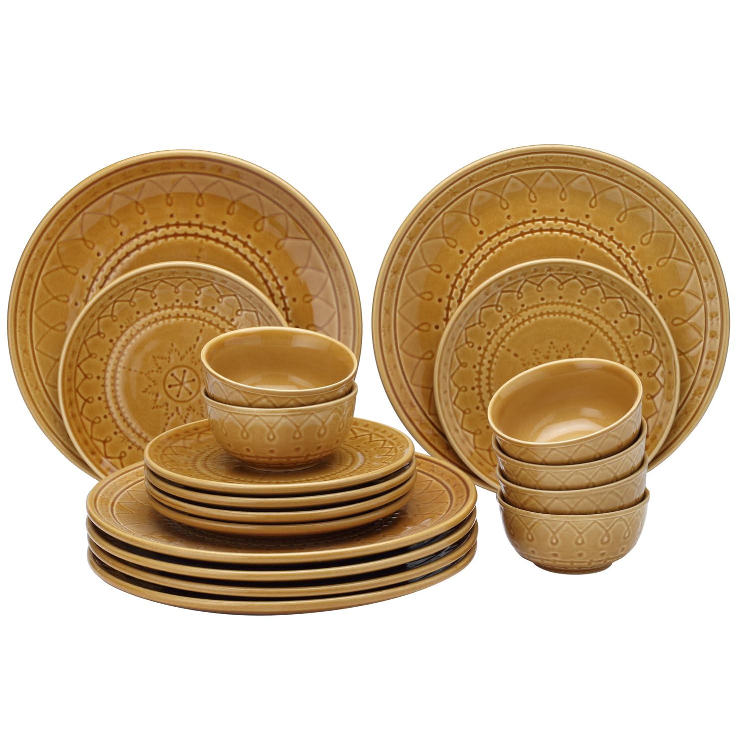 Handcrafted Emboss Stoneware Ceramic Dinner Set, 18 Pieces Dish Set Serving for 6, Microwave and Dishwasher Safe, Bone-ash Free, Crockery Set for Dining and Gifting, Golden Brown