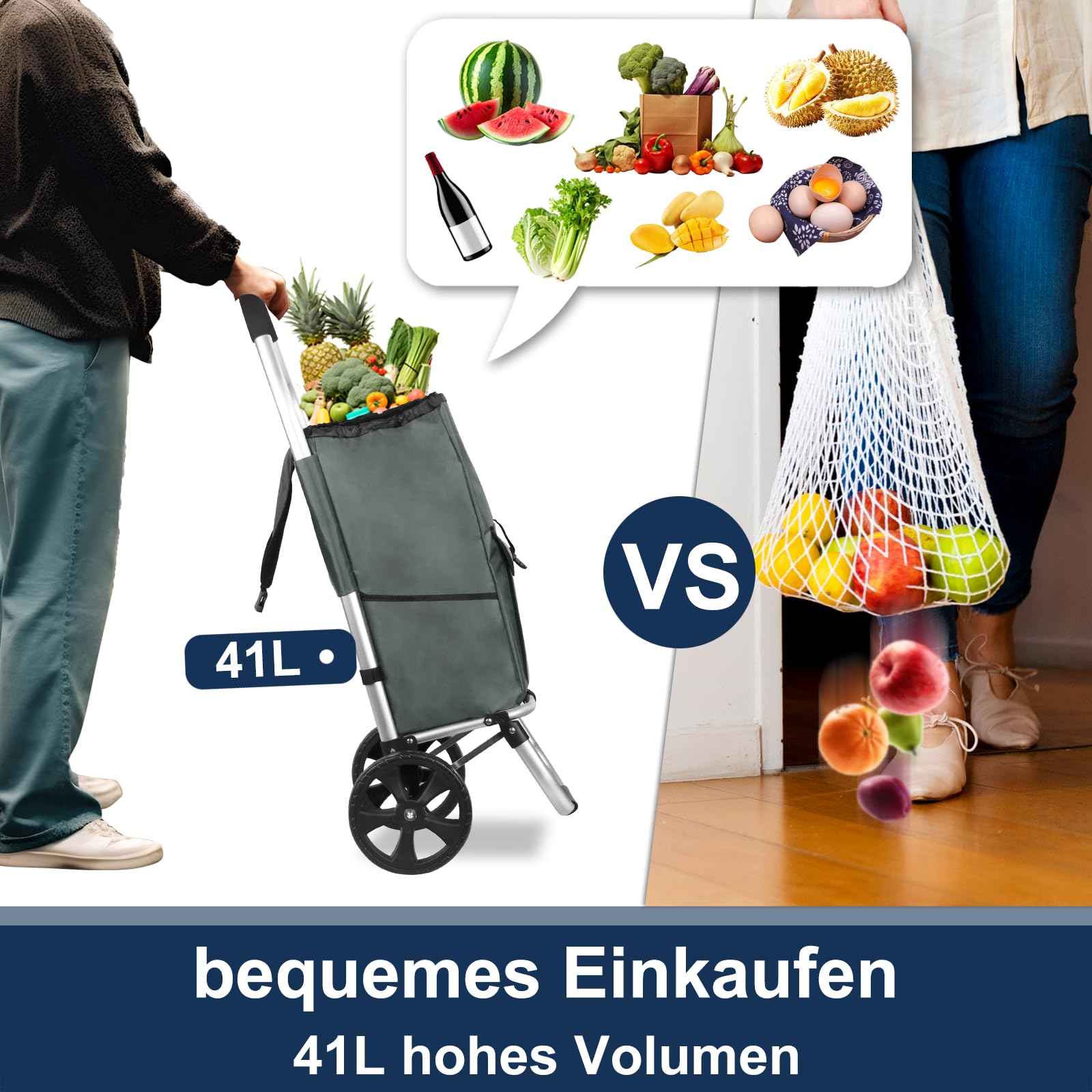 Einkaufstrolley, HOMELUX klappbar, Stabiler Einkaufswagen, große Kapazität 41 L, multifunktional, Handwagen mit Rollen, Abnehmbare Tasche, Grau 243
