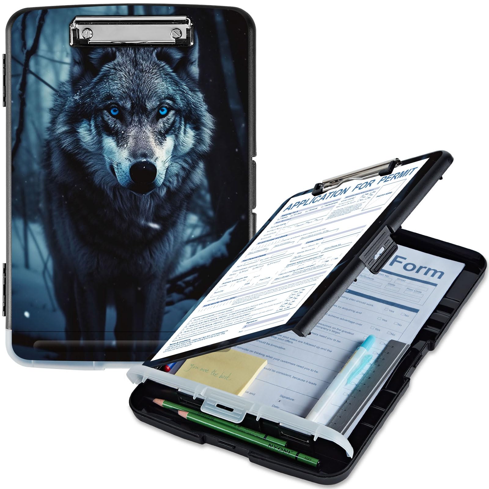 Qindaiwen Clipboard with Storage, High Capacity Grey Wolf Storage Clipboard 9.5x14 with Pen Holder for Women & Kids, Ideal for Work, School & Office