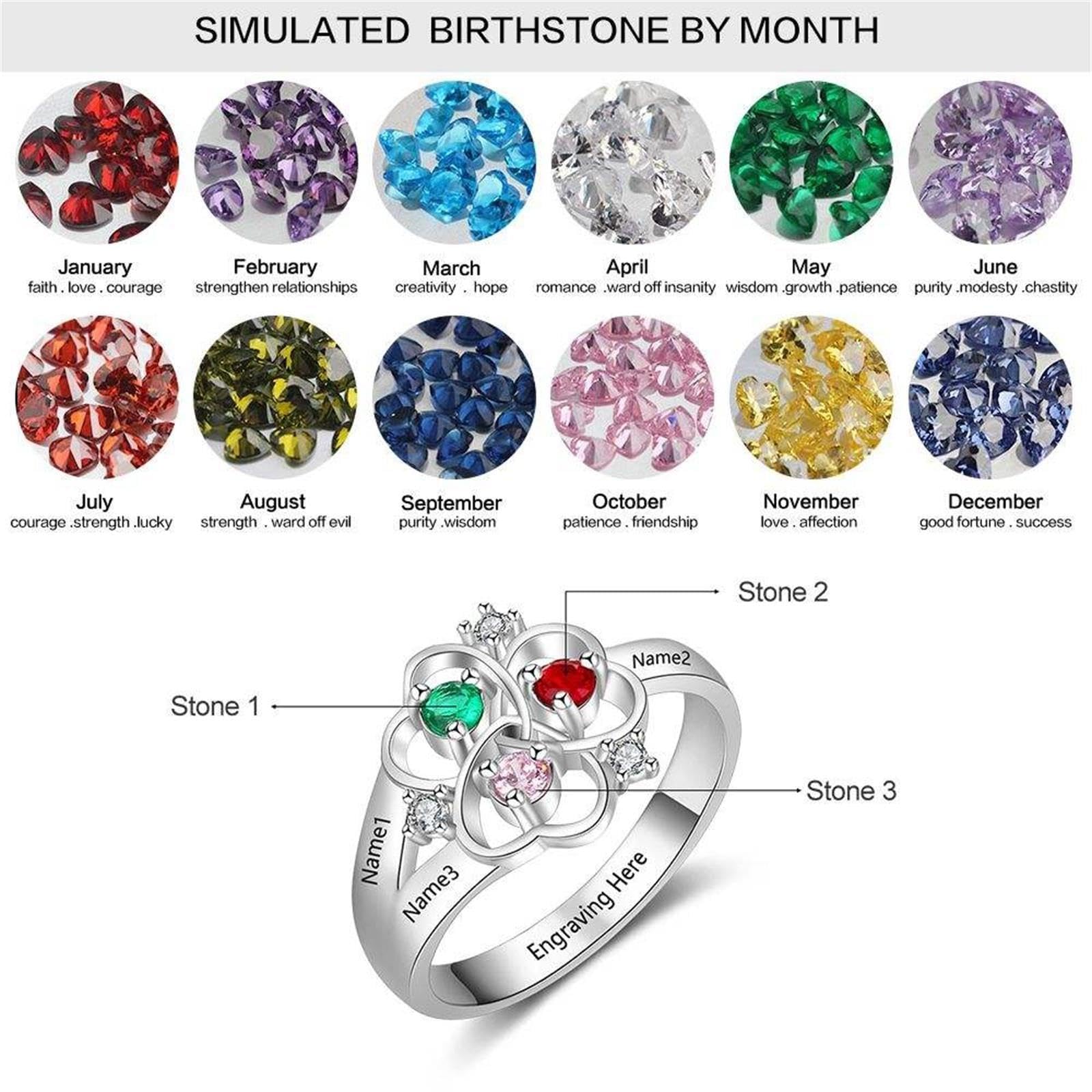 SOULMEET Personalisierter Familienring mit Geburtssteinen und drei Namen aus 9/14/18 Karat Massivgold Mutterring zum Jahrestag Muttertag Geschenk für Frauen Mutter Ehefrau Oma Größe 4–14(15-23mm)