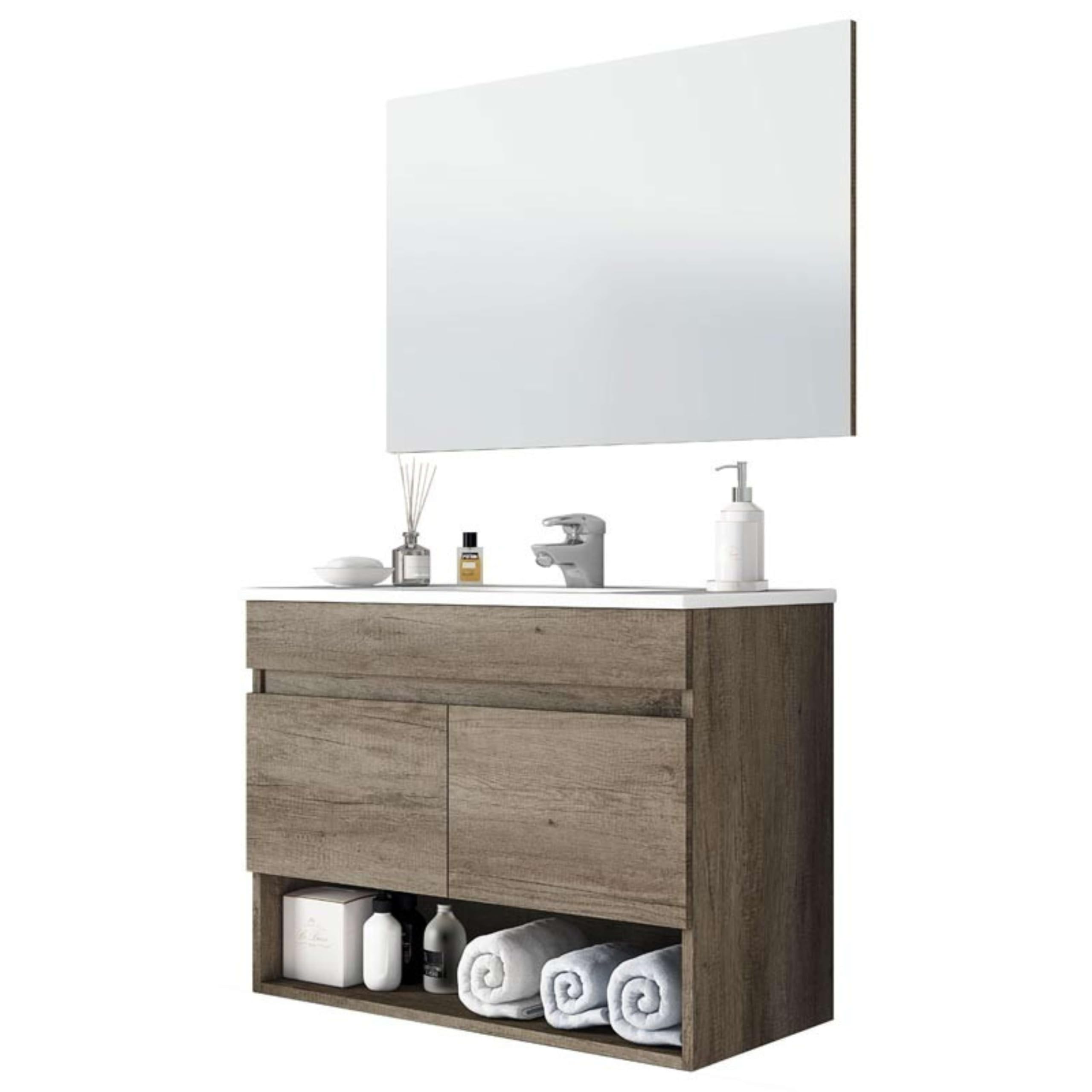 Pack de Muebles de Baño en Color Roble Nordik formado por Mueble de Baño, Espejo y Lavabo Cerámico (Tamaño de la Columna Opcional)
