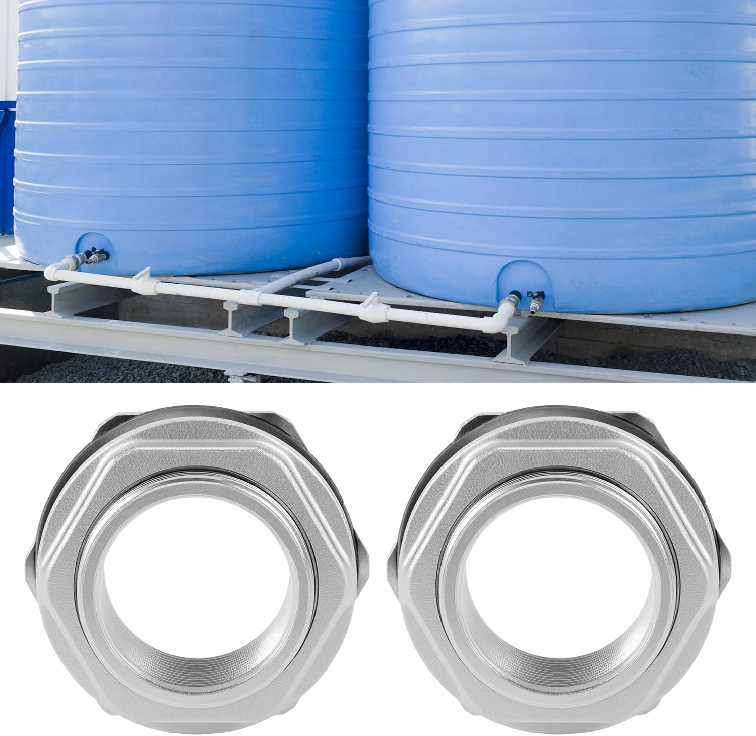 QWORK Stainless Steel 1" Female Bulkhead Water Tank Connector, 2 Pack Thru-Bulk Fitting, Corrosion Resistant for Water Tanks, Inlet/Outlet, and Pipe Applications