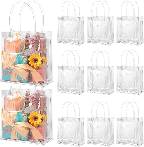 BESARME Paquete de 60 bolsas de regalo transparentes con asa, 6.3 x 5.9 x 2.8 pulgadas, bolsa transparente a granel pequeña bolsa de plástico