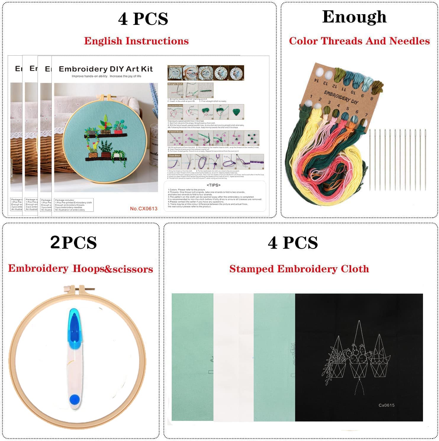 Tcbasrt 4Pack Embroidery Starters Kit with Pattern for Beginners Adults, Cross Stitch Kits Include 2 Embroidery Hoops,4 Embroidery Clothes with Plants Flowers Pattern,Color Threads