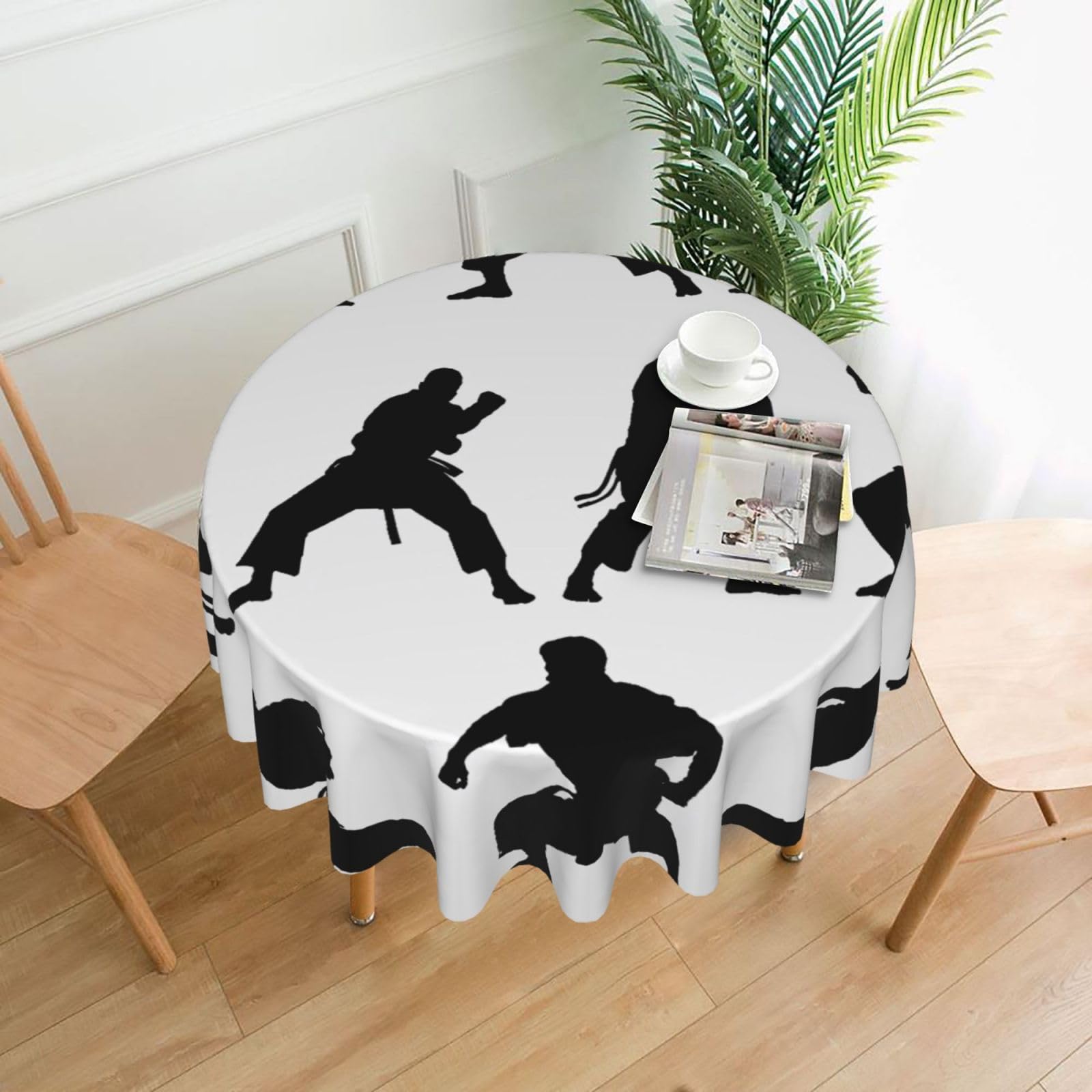 WPKJU Silhouettes of Martial Arts Printed Round Tablecloth 60 in Water Resistant Table Cover Washable Table Cloth for Dining Tables