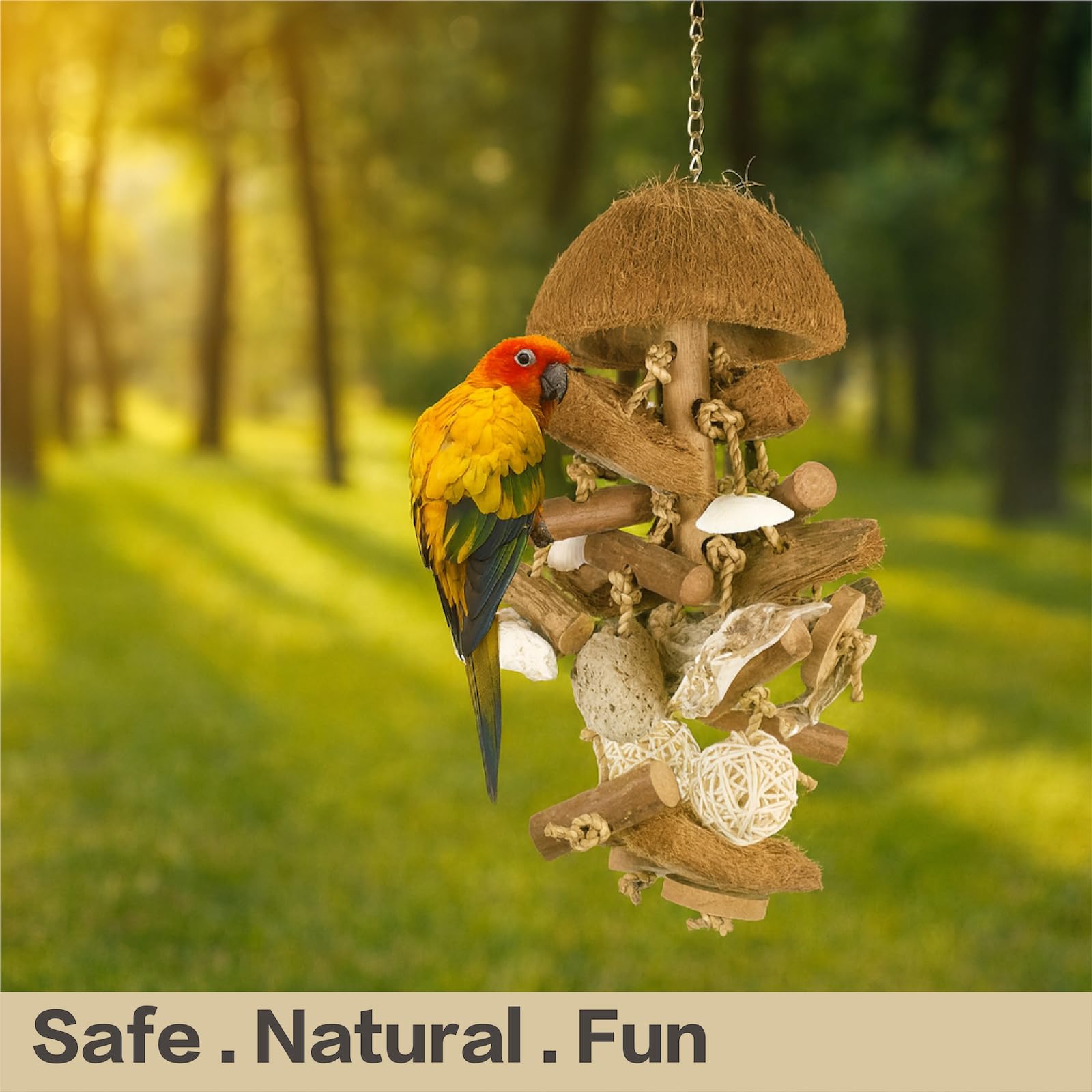 JoyGinBStiao Bird Toys with Natural Coconut Shell - 18in Handmade Hanging Shredding & Foraging Toy with Wood Blocks, Lava Stones, Parrot Toys for Cockatiels, Conures, Parakeets - image 7