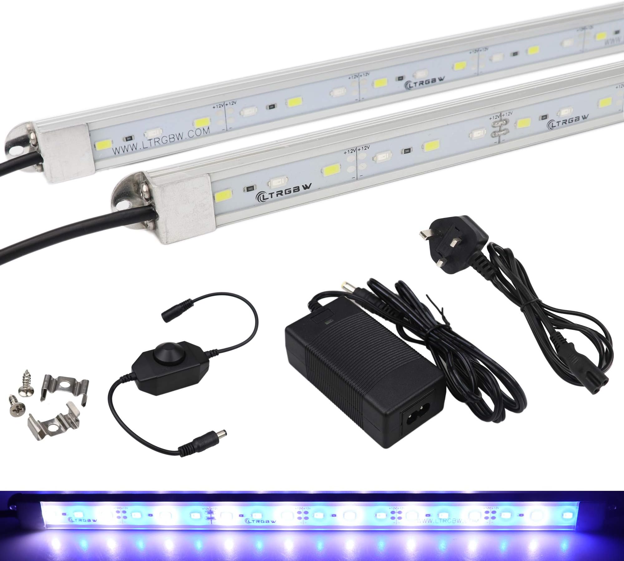 LTRGBW SMD 5730 DC 12V 18LEDs Blue+White LED Aluminum Rigid LED Strip Light Bar Waterproof IP67 with 12V Power Supply, Dimmer(2-pack, 30cm)