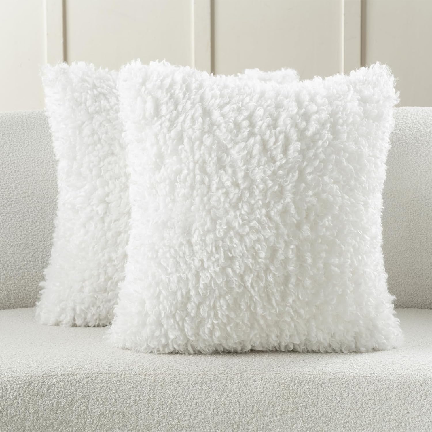 FUTEI Cream White Decorative Throw Pillow Covers 18x18 Inch Set of 2,Soft Fluffy Faux Wool Fur Boucle Textured Cushion Case,Modern Home Decor for Couch Bed Living Room Office