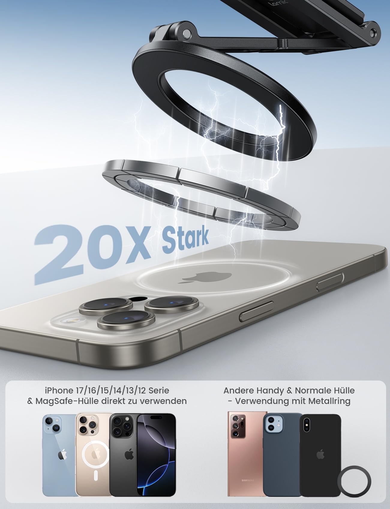 Lamicall 5-IN-1 Handy Stativ für MagSafe Handyständer - [Ultra Dünn] Faltebar Alu Mini Selfie Stick mit 1/4 Zoll Schraubenloch & Arca-Type, Magnetische Handyhalterung Adapter für iPhone 17 Pro Max Air