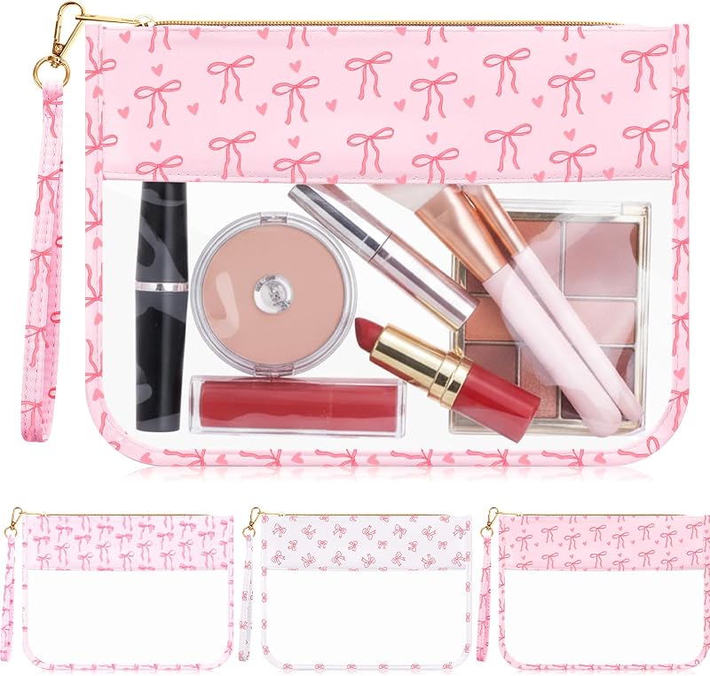 Necessaire transparente Kacctyen rosa com laço, alça e zíper, 1 unidade