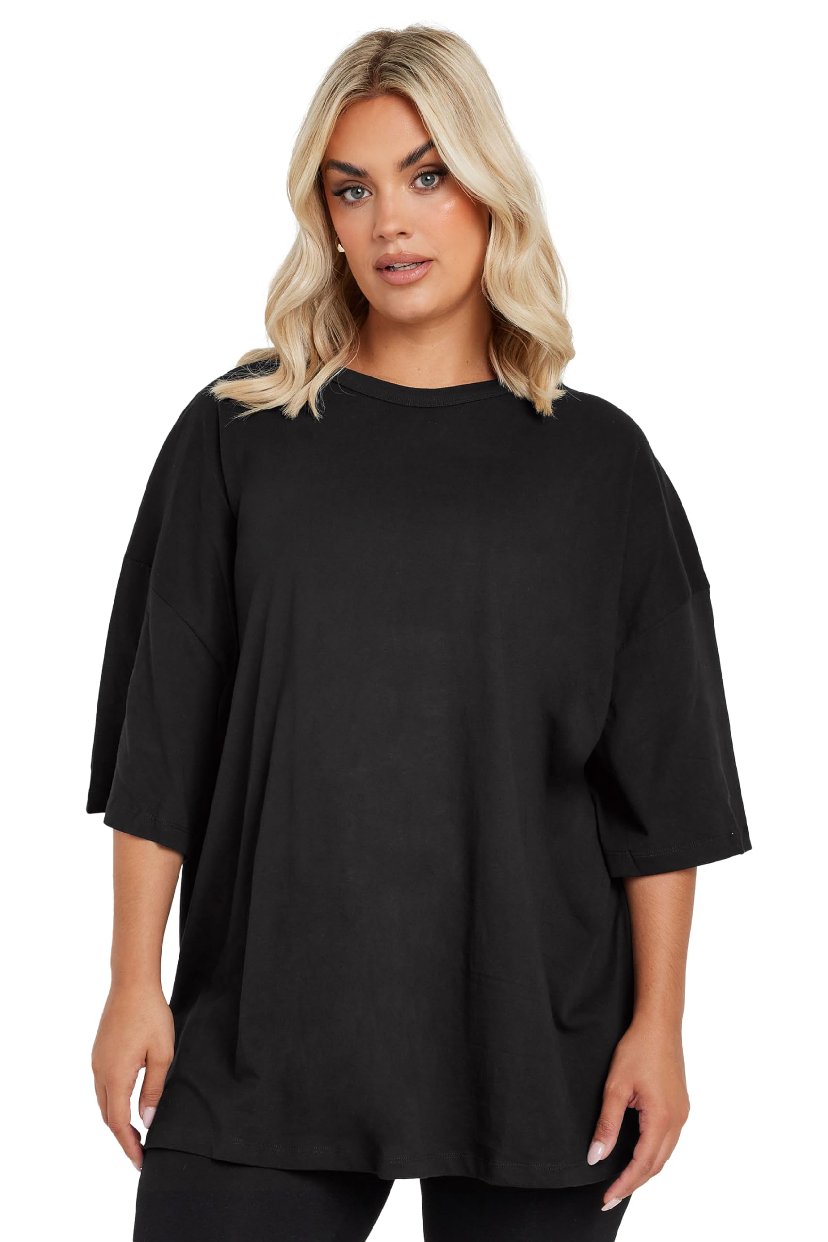 Yours Curve Black Oversized T-Shirt - Cotton - Short Sleeve - Scoop Neck - Size 26-28