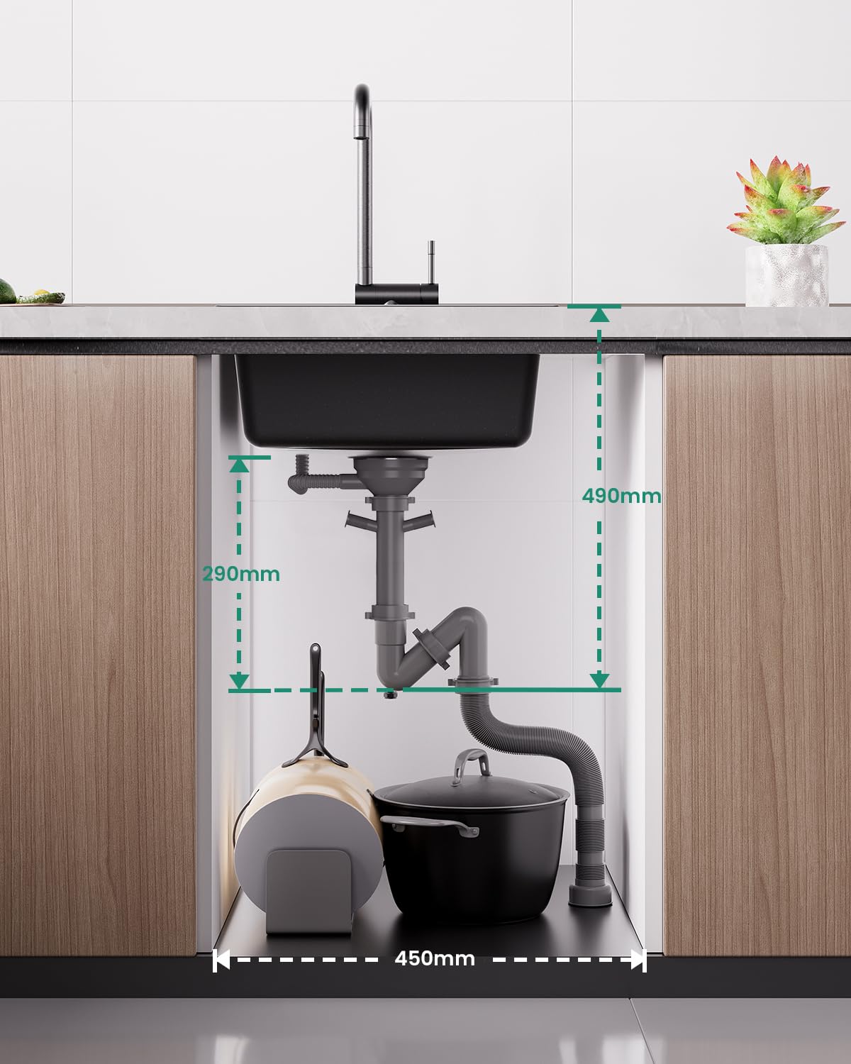 ANYCEE Fregadero Negro 45x46 cm, Granito Fregadero Cocina Incl Sifón para Muebles Bajos a Partir 45 cm Ancho, 80% Cuarzo Arena