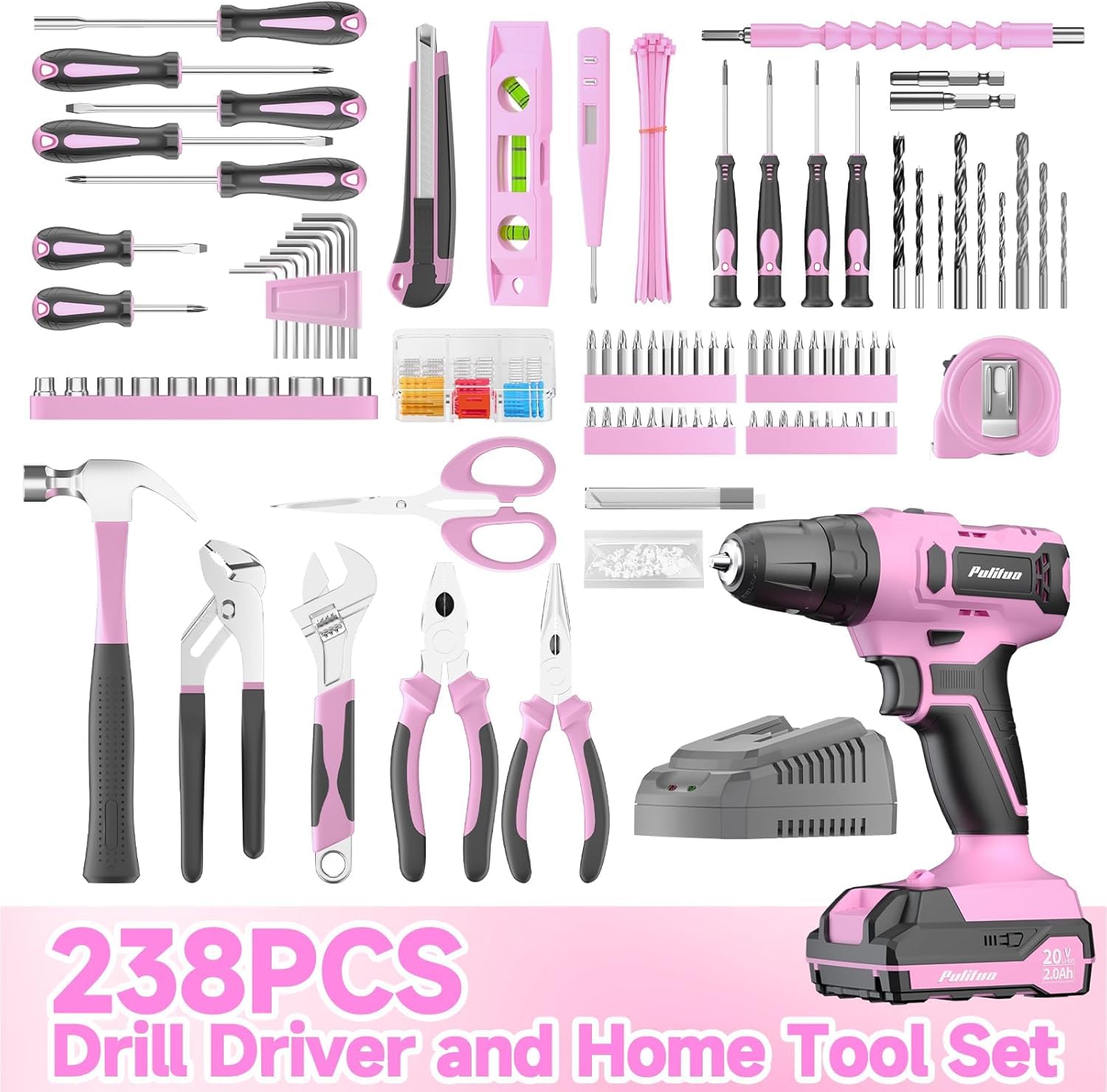 PULITUO 20V Set de Taladro Atornillador Batería Rosa, Kit de Taladro con Batería y Cargador, Regulación 2 Velocidades, Portabrocas 3/8", 21+1 Niveles de Par, LED, Set Eléctrico