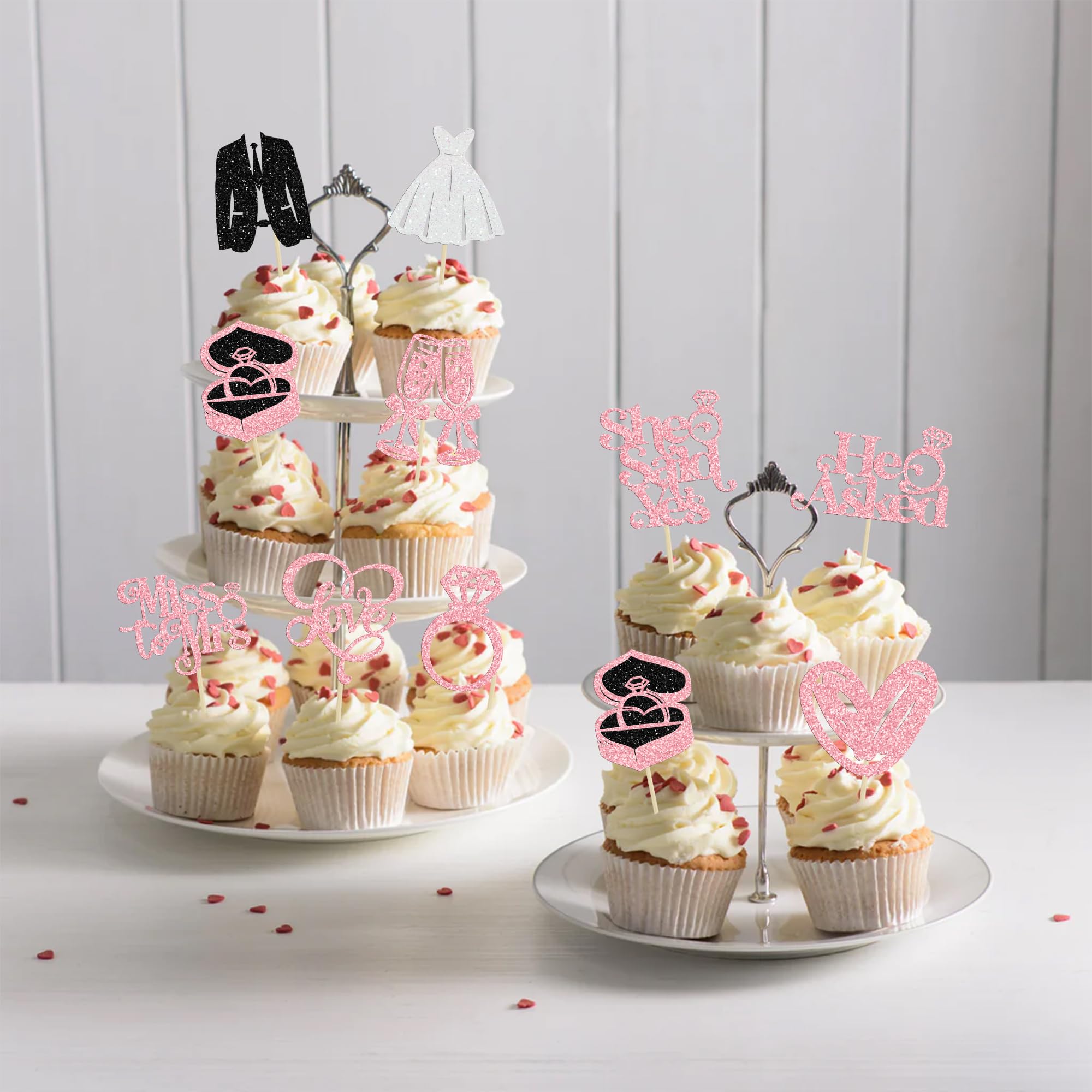 Gyufise 30Pcs She Said Yes Cupcake Toppers Glitter Diamond Ring I Do Love Cupcake Picks Miss to Mrs He Asked Bridal Shower Wedding Engagement Bachelorette Cake Decoration Pink - Image 4