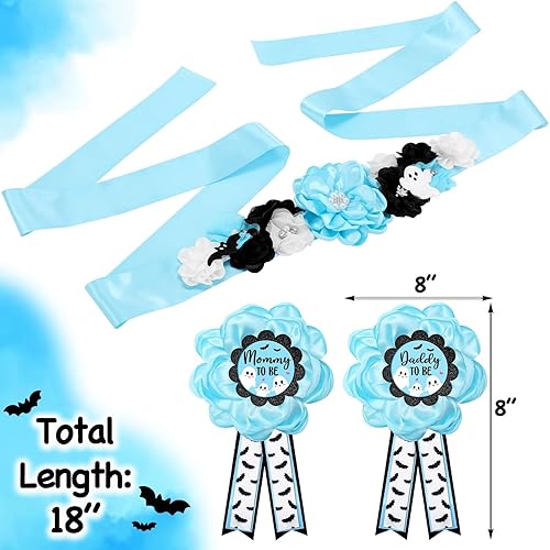 Miniatura 3 de Vansolinne Decoraciones azules de Halloween para baby shower, juego de pines de ramillete para mamá de Halloween para papá, cinturón de vientre de