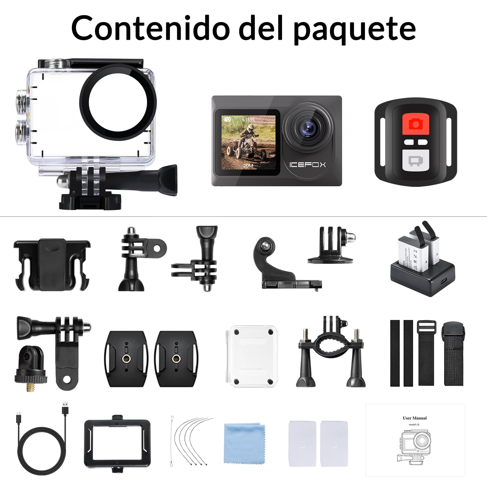 icefox Cámara Deportiva 4K 60FPS 20MP, Cámara Acuática Sumergible con EIS, Zoom 5X, Control Remoto WiFi, App para Editar Video y Fotos, Ideal para Ciclismo, Buceo y Natación