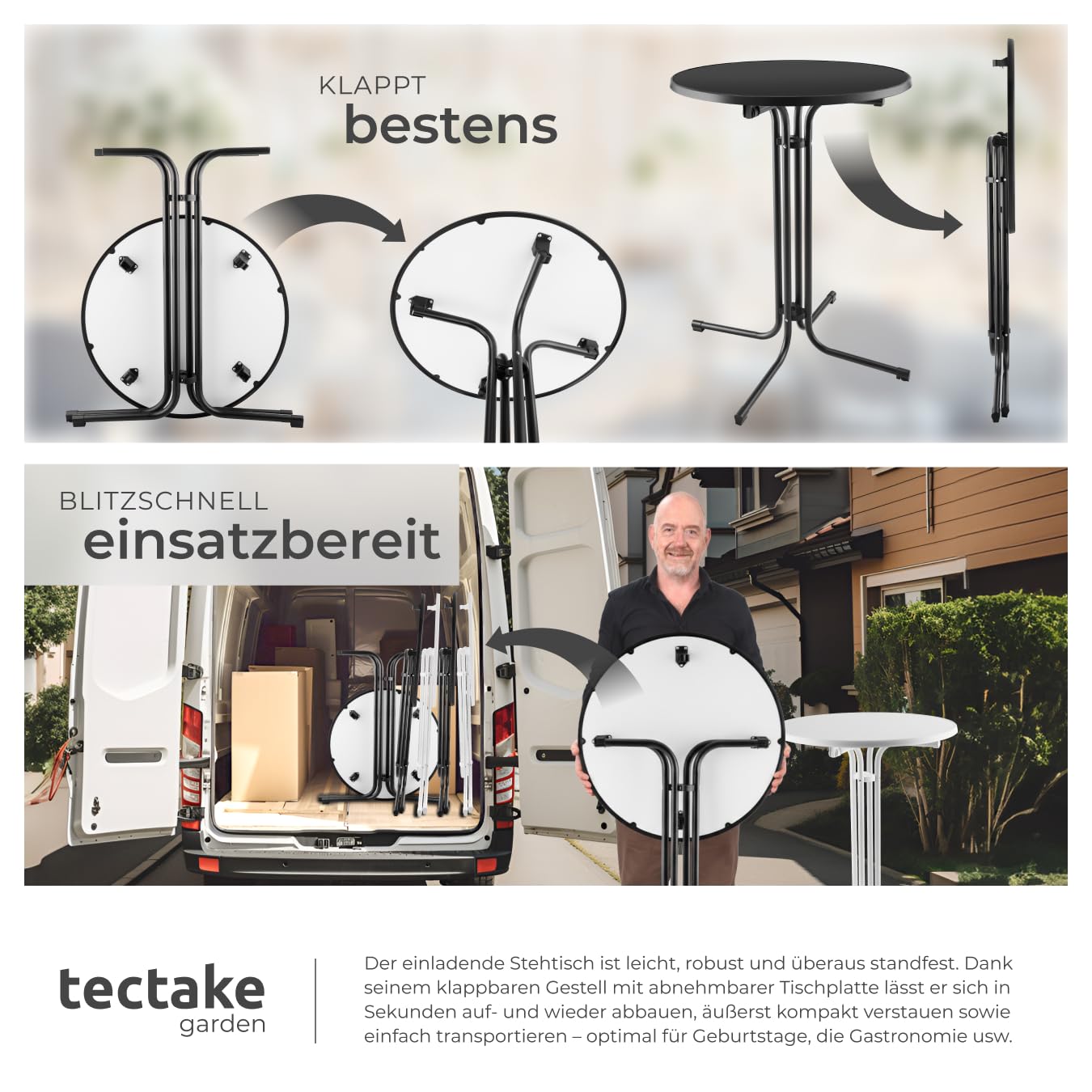 tectake® Gastro Stehtisch klappbar, Bistrotisch mit Husse, Tisch Ø80cm, Stehtisch mit MDF-Tischplatte, Gartentisch klappbar, Klapptisch, rund, Stahlgestell, stabil und robust - schwarz, 1 Stehtisch