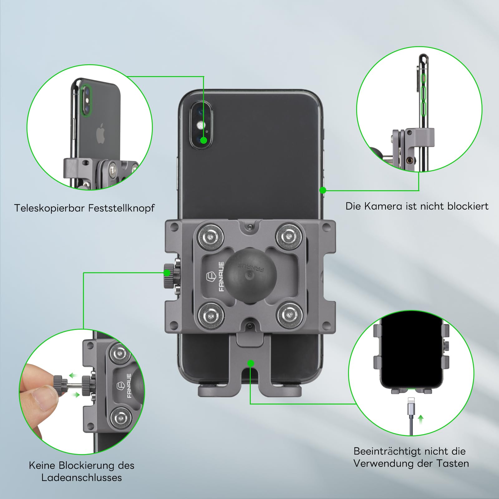 FANAUE CPC-DG09SA Handyhalterung mit 1" Kugel, Kompatibel mit RAM Halterung B Größe Doppelsockelarm und Motorrad Handyhalterung für 5,5-7" Phones mit stoßdämpfenden Eigenschaften Robust und stabil.