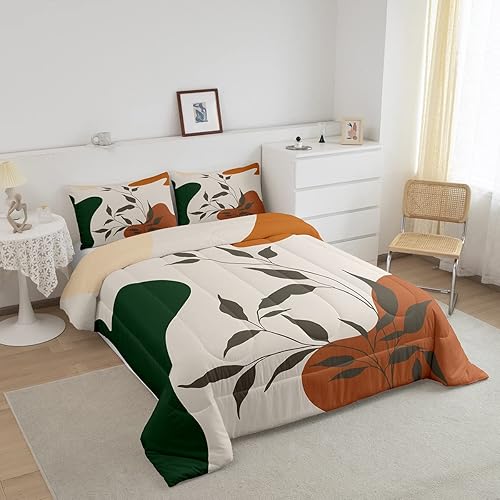 Miniatura 2 de Juego de edredón de hojas, tamaño King, color naranja y verde, juego de ropa de cama para niños y niñas, retro, exótico, arte moderno, abstracto,