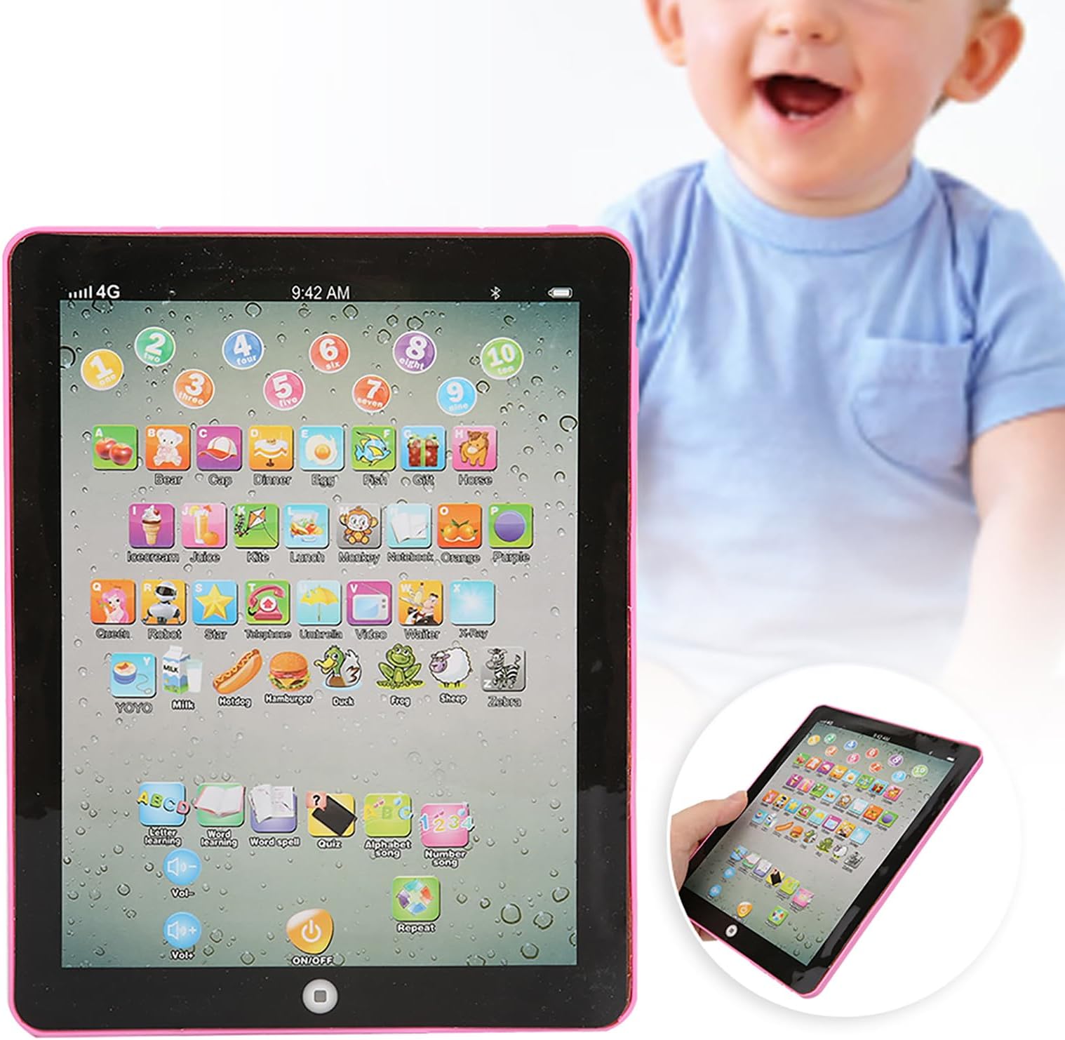 Haofy Interactive Learning Tablet for Young Learners Age 2+ with Chinese English Dual Language Games Electric Reading Features 3 AA Batteries Compact Size 8x6 Inches Portable Travel (Pink)