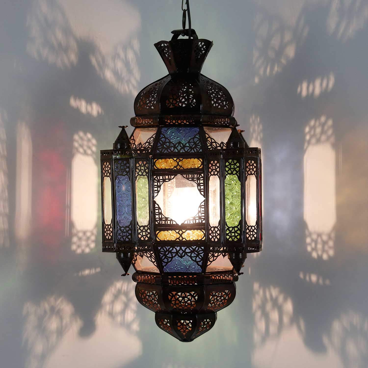Suspension Moula Lampe Orientale Multicolore Hauteur 60 cm Ø 26 cm en métal et Verre Artisanat de Marrakech Suspension Marocaine L1938