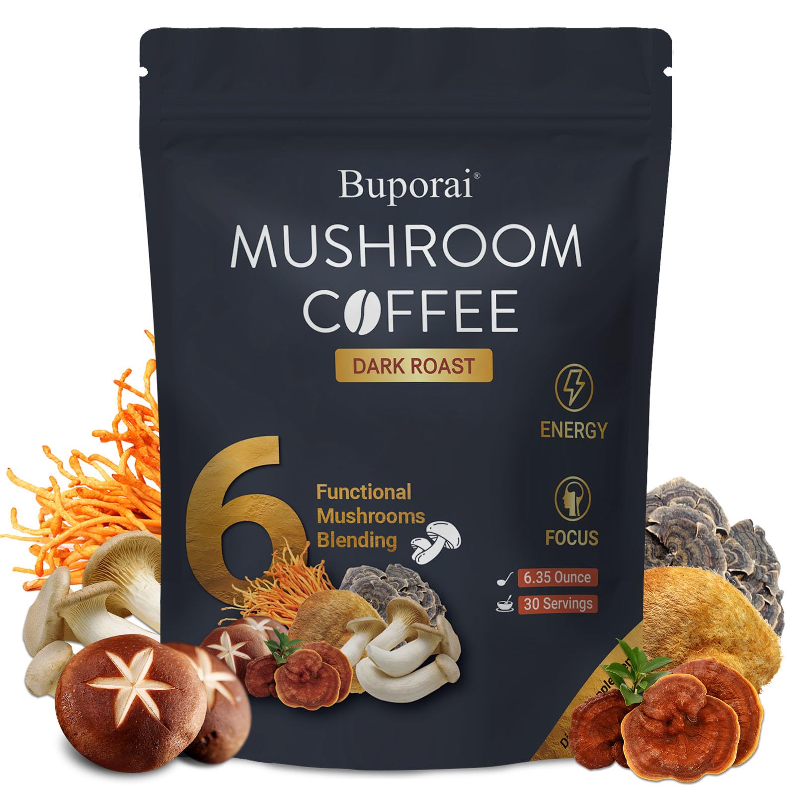 Mushroom Coffee Dark Roast Instant Mushroom Coffee with 6 Mushrooms Lions Mane Cordyceps Turkey Tail Other for Energy