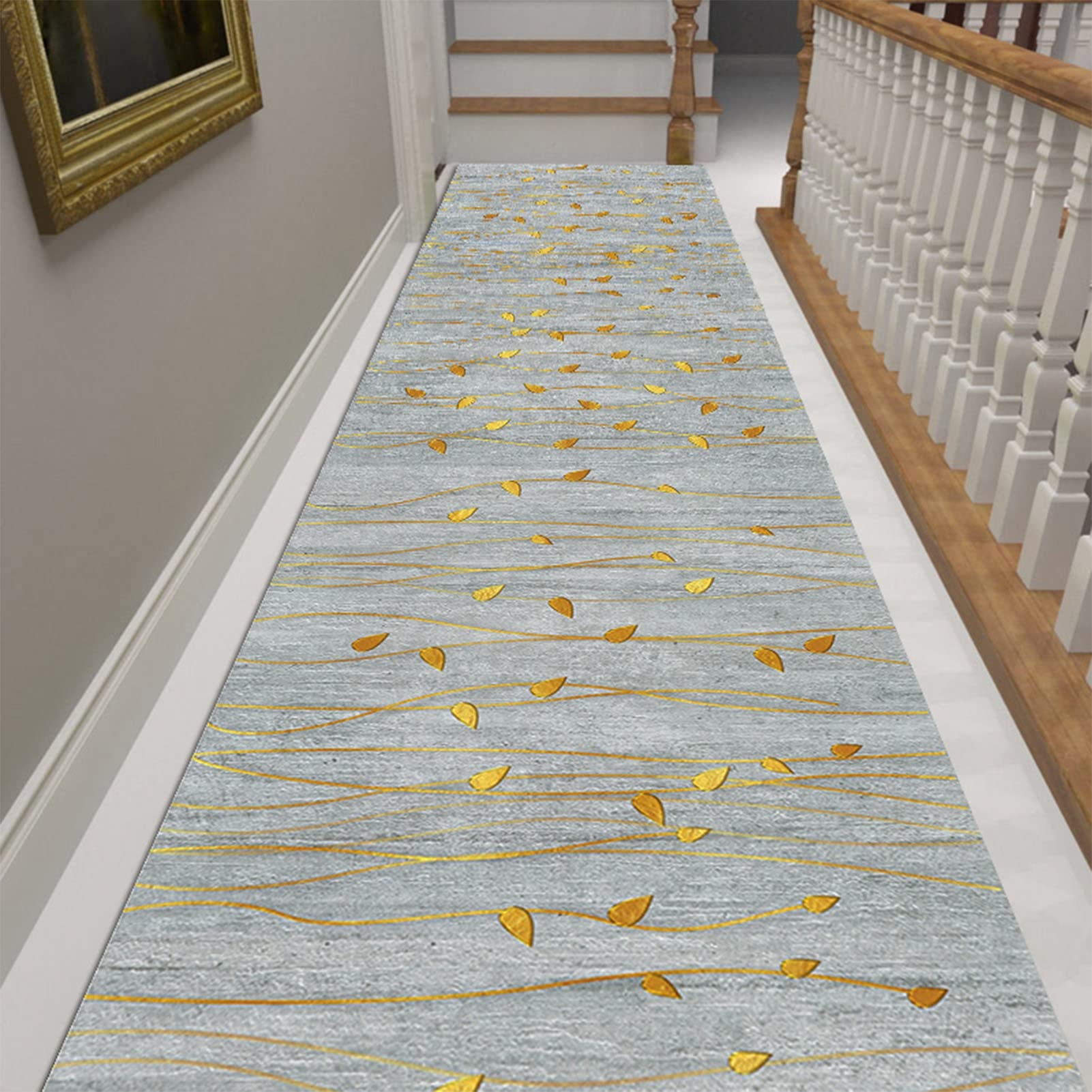 ANEEZ Tappeto Cucina Tappeto Corridore Corridoio Grigio, con Motivo Foglia d'oro Tappeti A Moquette Stretta, per Camera da Letto Cucina Soggiorno Corridoio, Lavabile Facile da Pulire E da Pulire