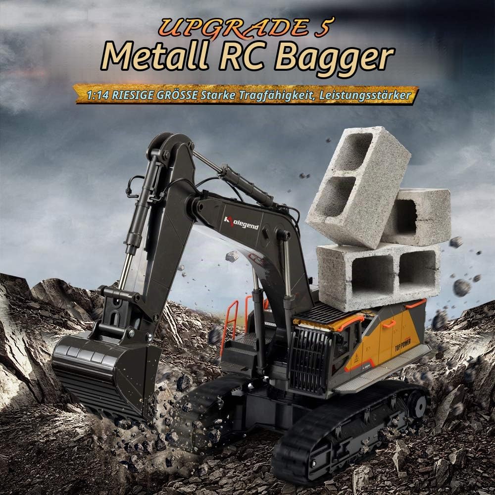 kolegend 1:14 Ferngesteuerter Bagger, Metall RC Excavator 22-Kanal Baggers Ferngesteuert, mit 1 Wiederaufladbaren Batterien Geliefert, mit Lichtern und Soundeffekten für Jungen und Mädchen