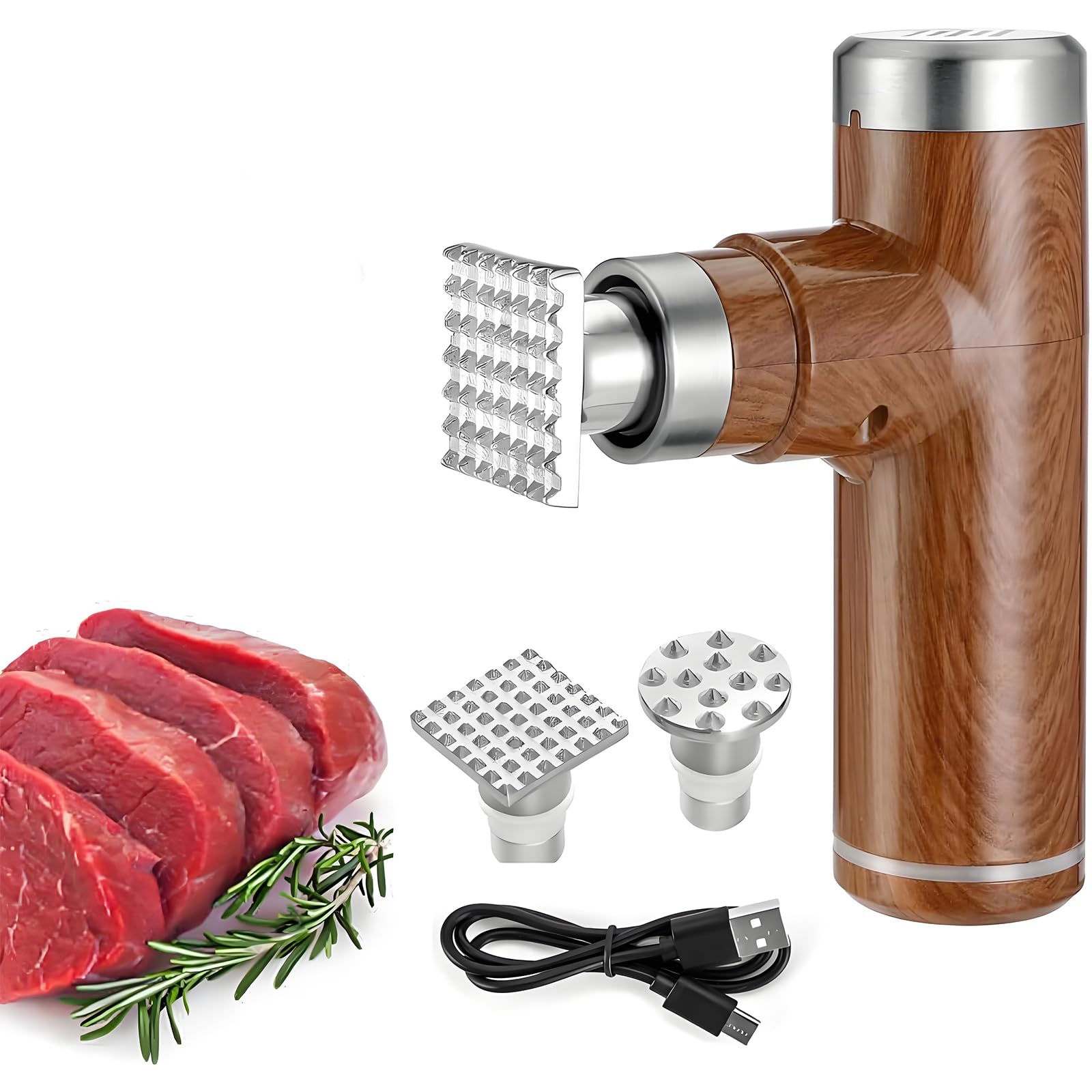 Batticarne elettrico, palmare con teste a martello staccabili in acciaio inox, 6 livelli regolabili per una preparazione efficace della carne