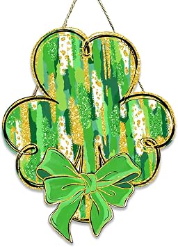 St Patricks Day Door Decorations, St Patricks Day Decorations, Shamrock Door Decoration, Lucky Gold Glitter Bow Clover Wood Hanging Sign for Office Party Porch Yard Outdoor Indoor Home Decor