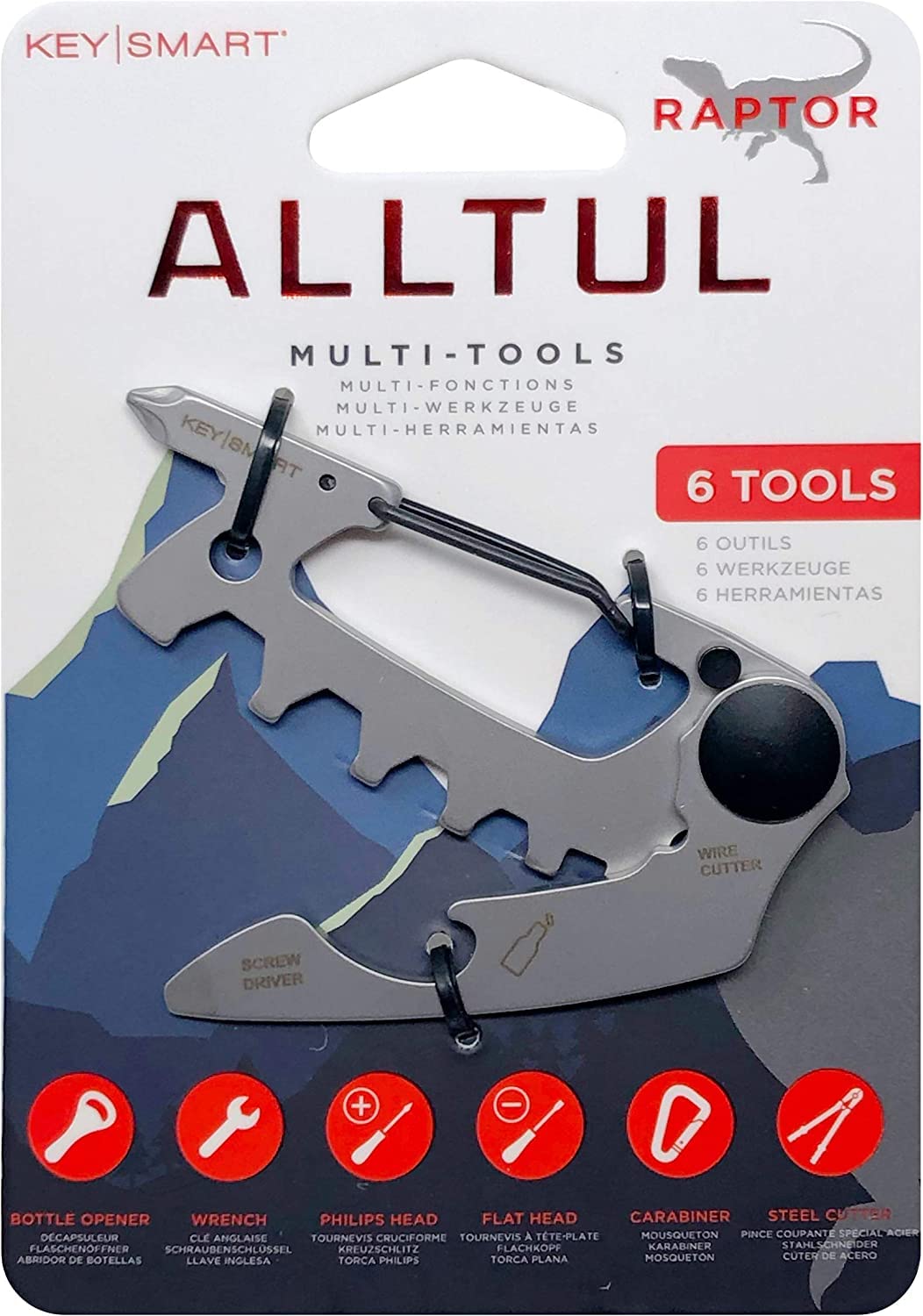 KeySmart AllTul Raptor 6-in-1 Multi-functional Multi-Purpose Tool Key Chain Multi Tool Bottle Opener Wrench Plus Slotted Screwdriver Carabiner Can Opener Camping Fishing Outdoor Disaster Preparedness