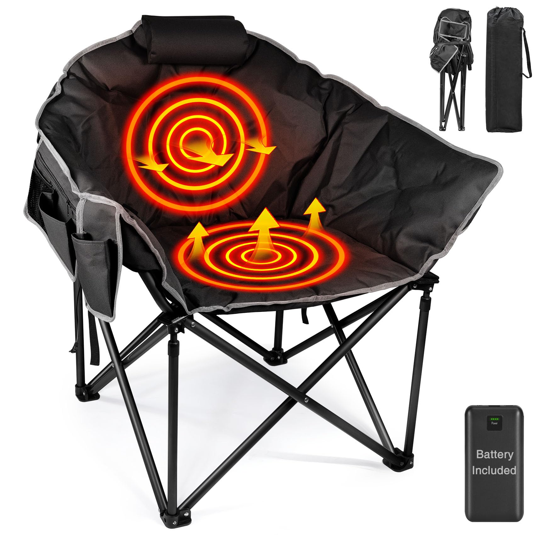 Suteck Heated Camping Chair with 12V 20,000mAh Power Bank, Oversized Heated Chairs Outdoor Sports W/3 Heat Levels for Back & Seat, Folding Heated Lawn Chairs for Patio Outdoors Travel