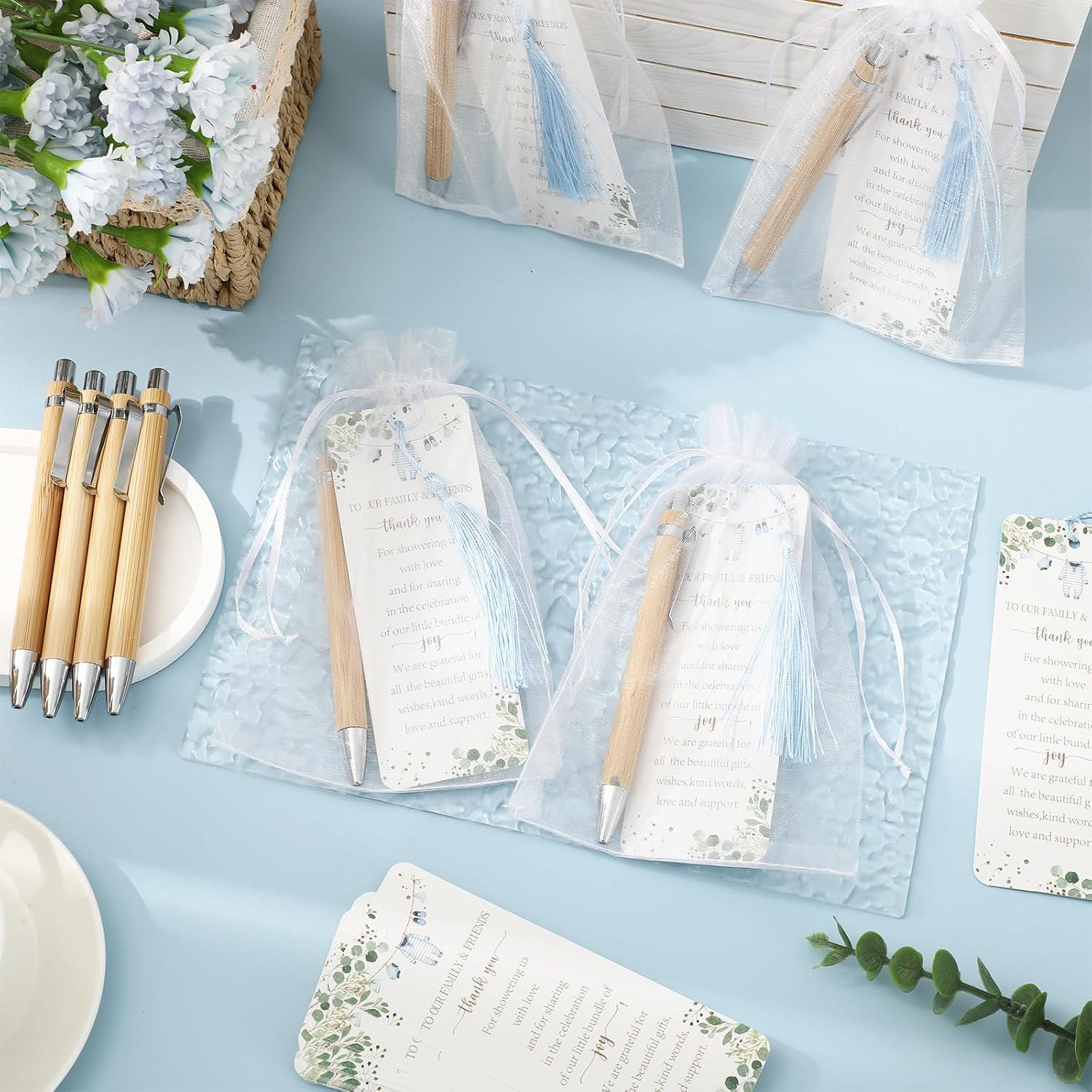 Whaline 50 Sets Baby Shower Return Favors for Guests Ballpoint Pens Blue Clothes Thank You Bookmarks Organza Bags for Baby Shower Gender Reveal Guest Prizes image 4