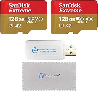 SanDisk Extreme 128GB MicroSD (2 Pack) Memory Card for GoPro Hero 9 Black Action Cam Hero9 SDXC (SDSQXAA-128G-GN6MN) A2 Bundle with Everything But Stromboli Micro & SD Card Reader & Micro Fiber Cloth